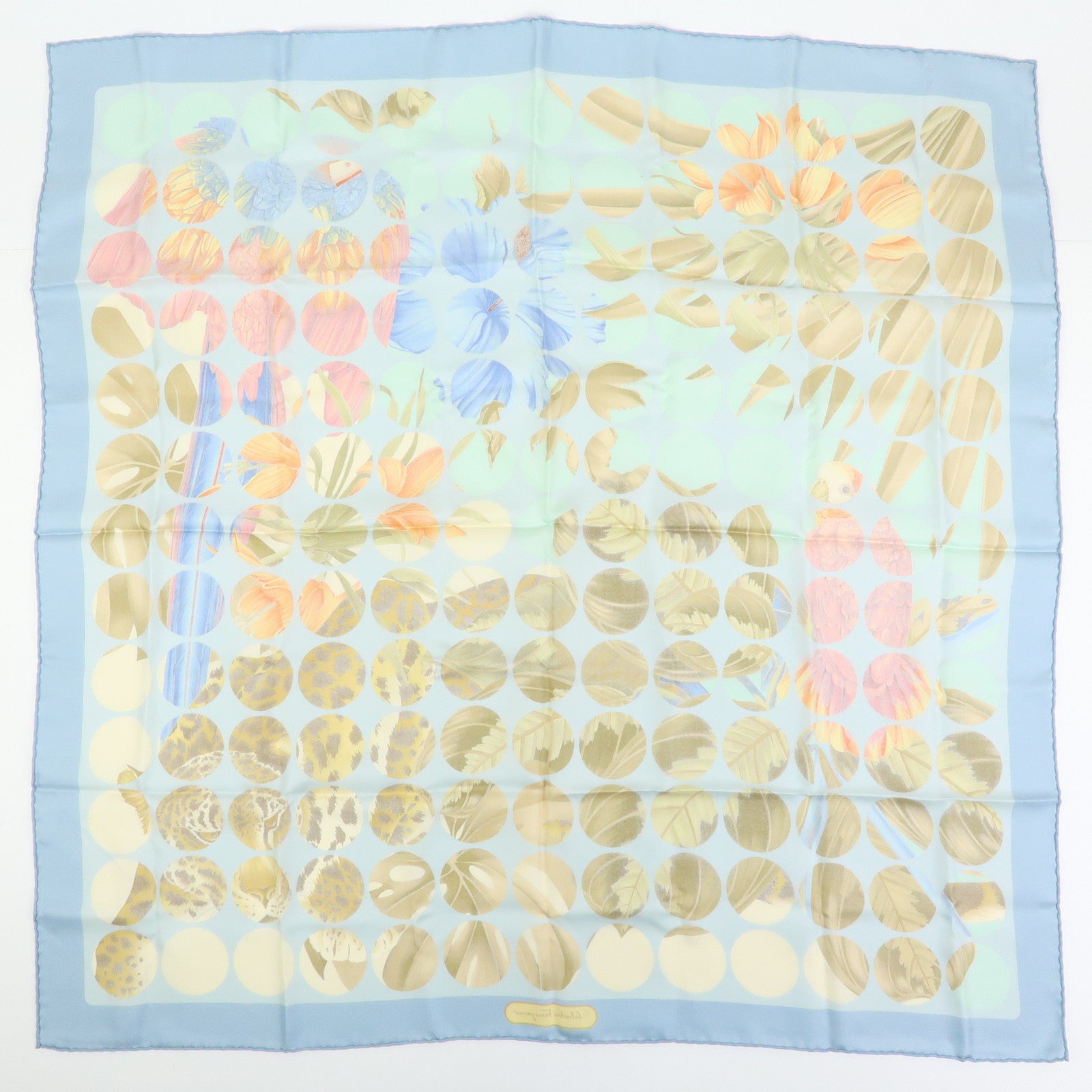 Ferragamo Silk 100% Scarf Leopard Bird Floral Print Light Blue Brown