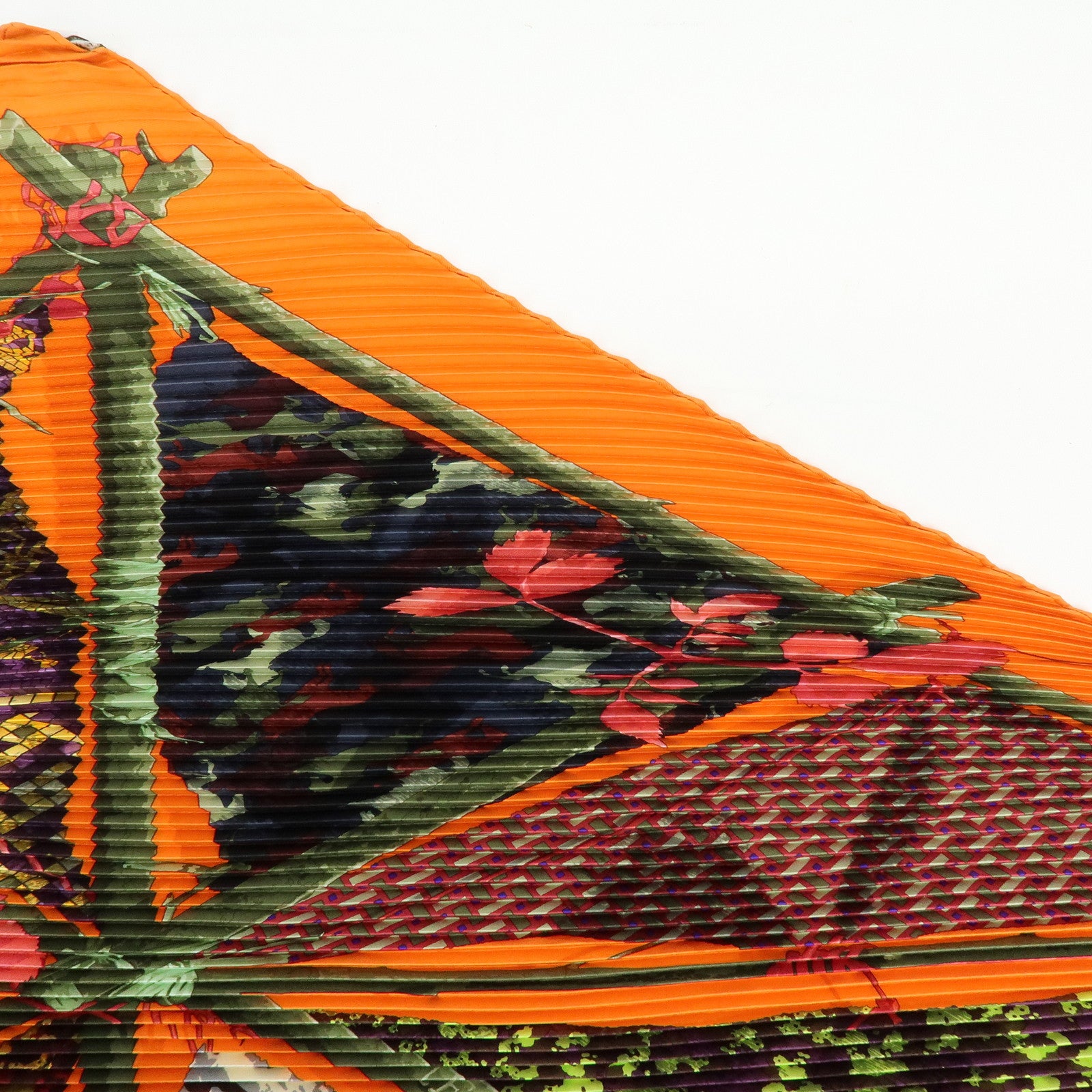 HERMES Pleated Carre 90 Silk 100% Scarf LE ROBINSON CHIC Orange Purple