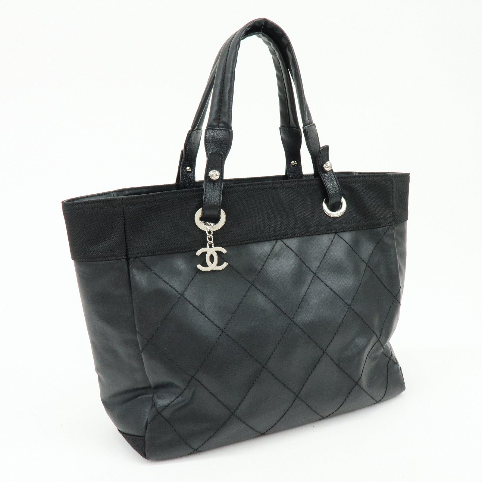 CHANEL Paris Biarritz COCO Mark Leather Canvas Tote Bag Black A34209