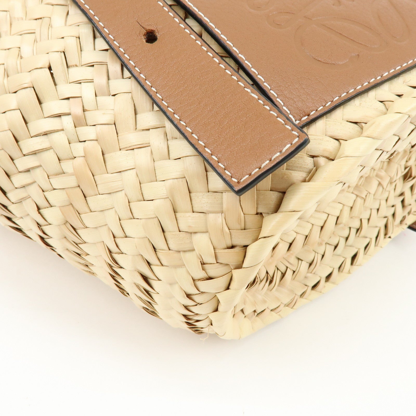LOEWE  Raffia Leather Basket Bag Hand Bag Natural Tan