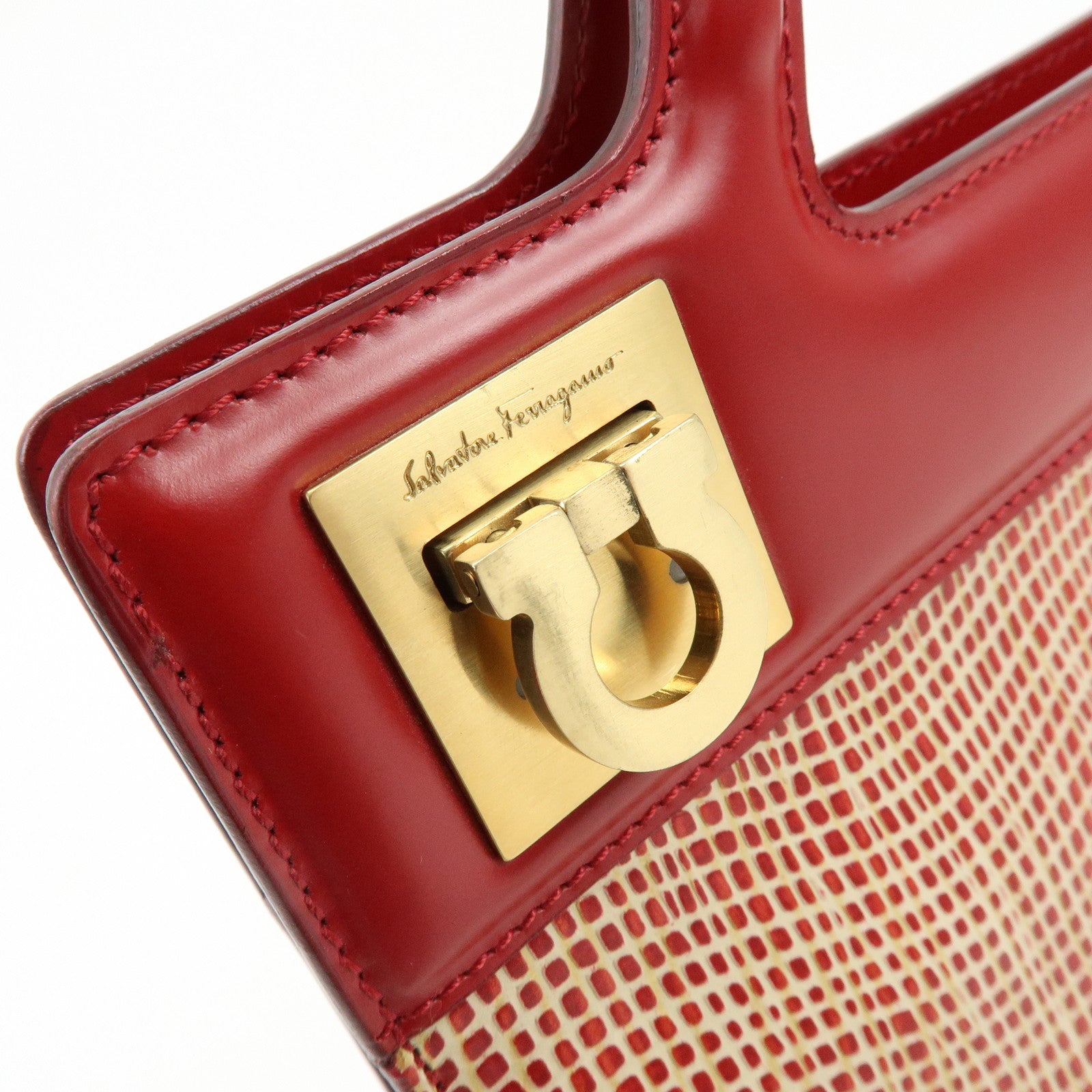 Ferragamo Gancini Leather 2Way Bag Hand Bag Shoulder Bag Red