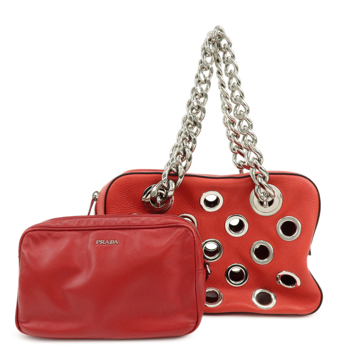 PRADA Grommet Vitello Daino Leather Tote Bag Hand Bag Red 1BB017