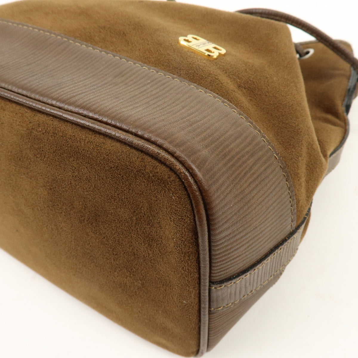 BALENCIAGA BB Logo Suede Leather Shoulder Bag Bucket Bag Brown