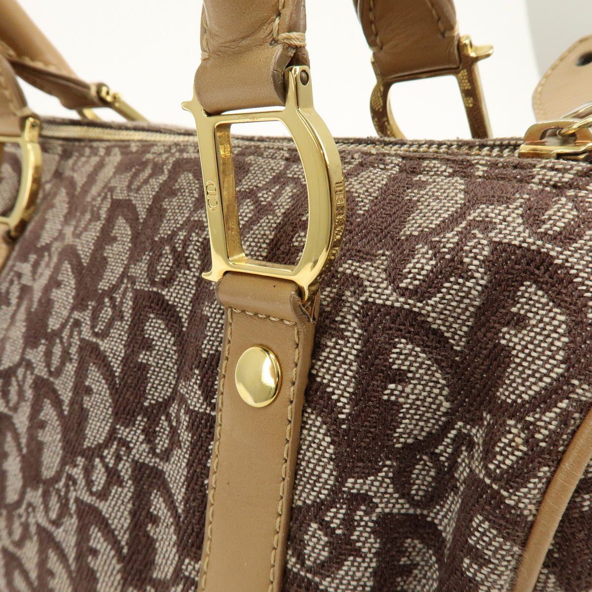 Christian Dior Trotter Jacquard Canvas Leather Boston Bag Brown Beige