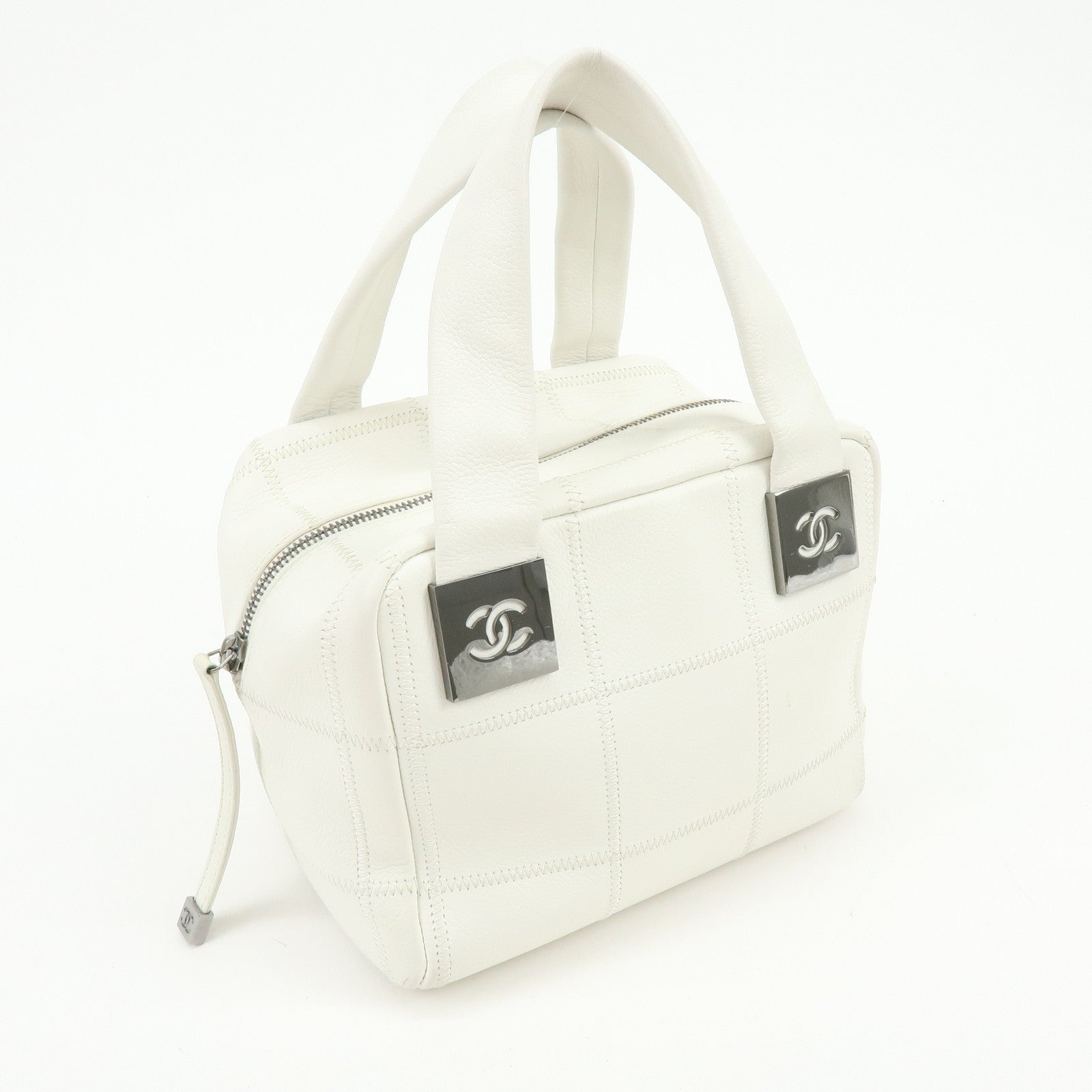 CHANEL Chocolate Bar COCO Mark Caviarskin Hand Bag Tote Bag White