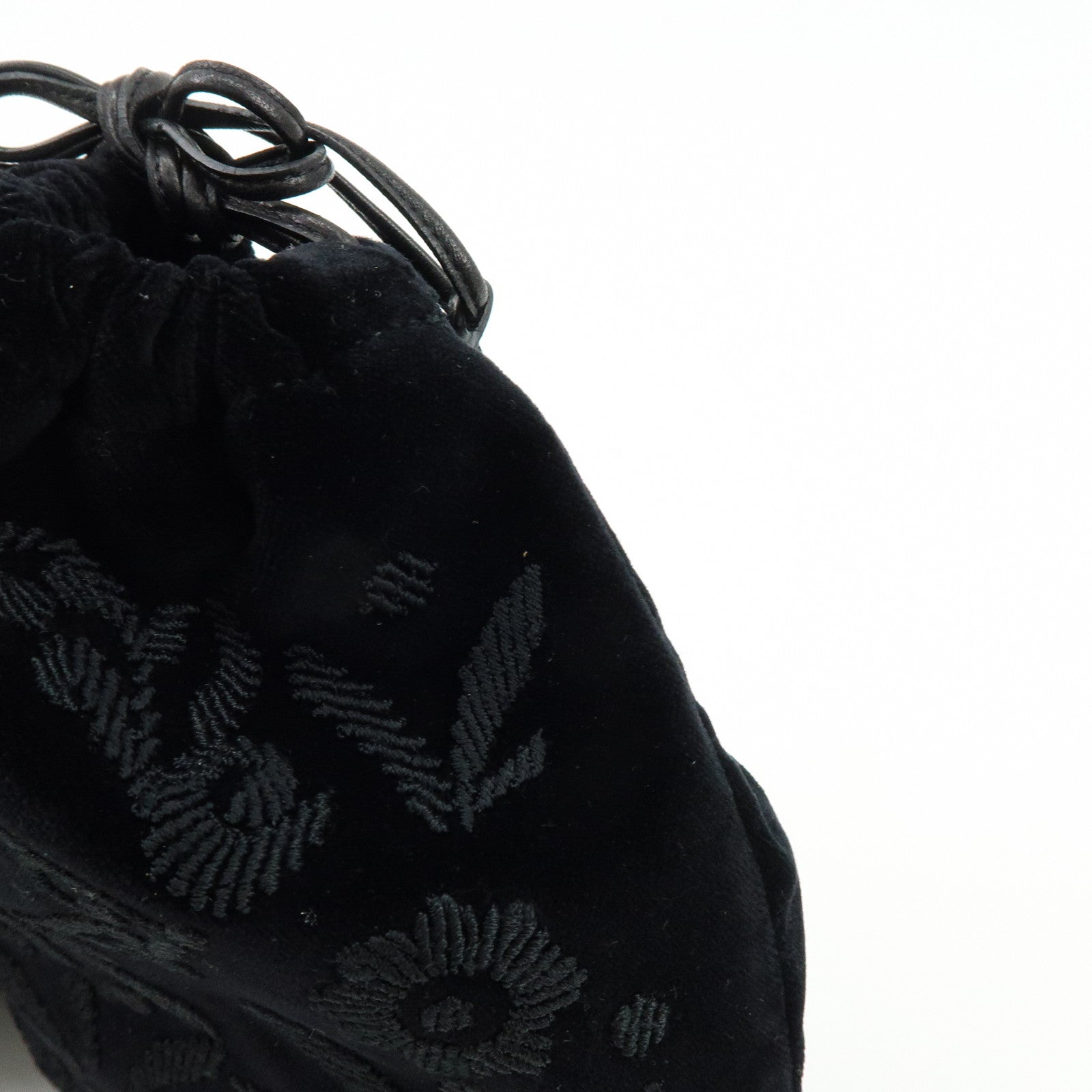 PRADA Logo Velvet Leather Drawstring Pouch Embroidery Black 1MU001