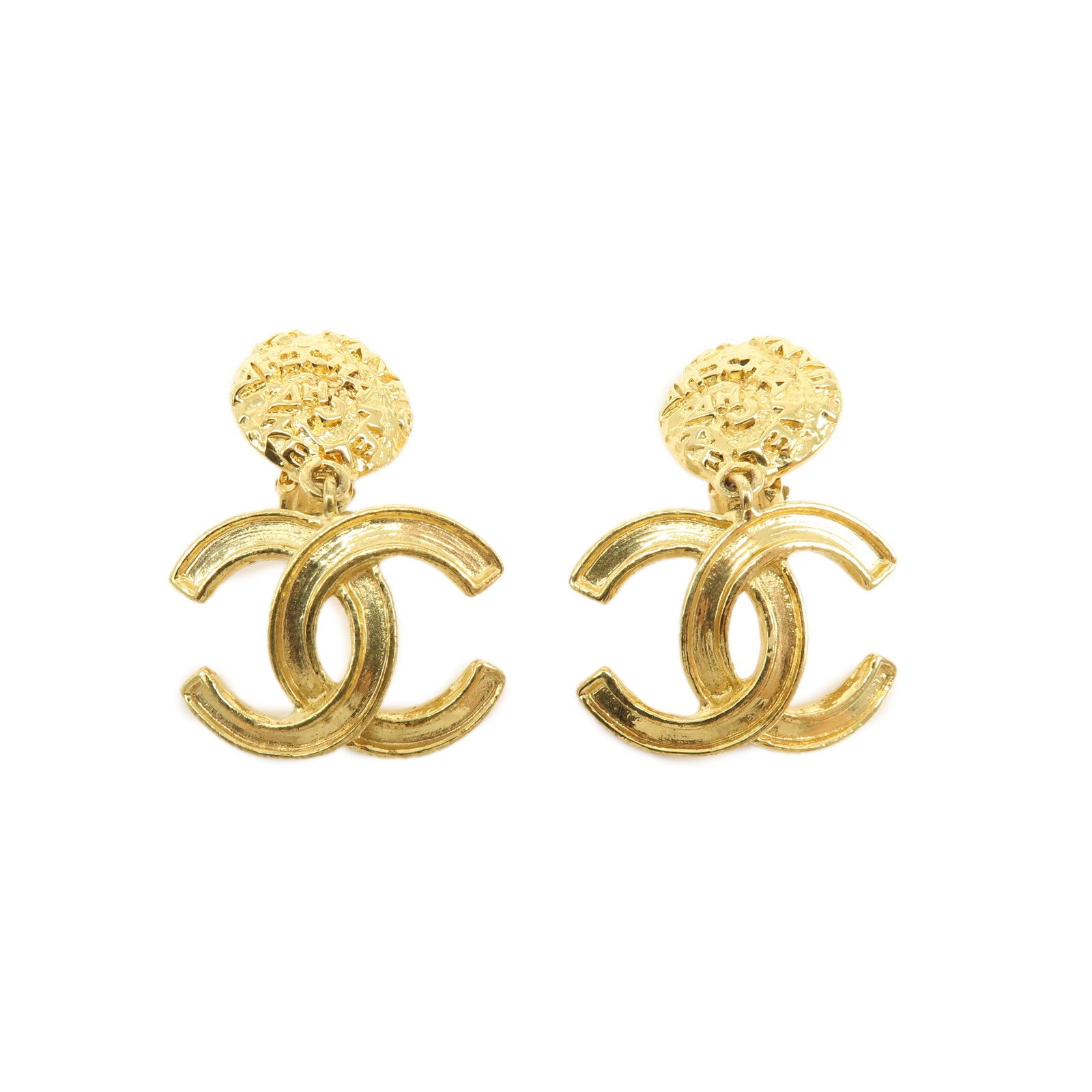 CHANEL COCO Mark Plated Hammered Earrings Gold