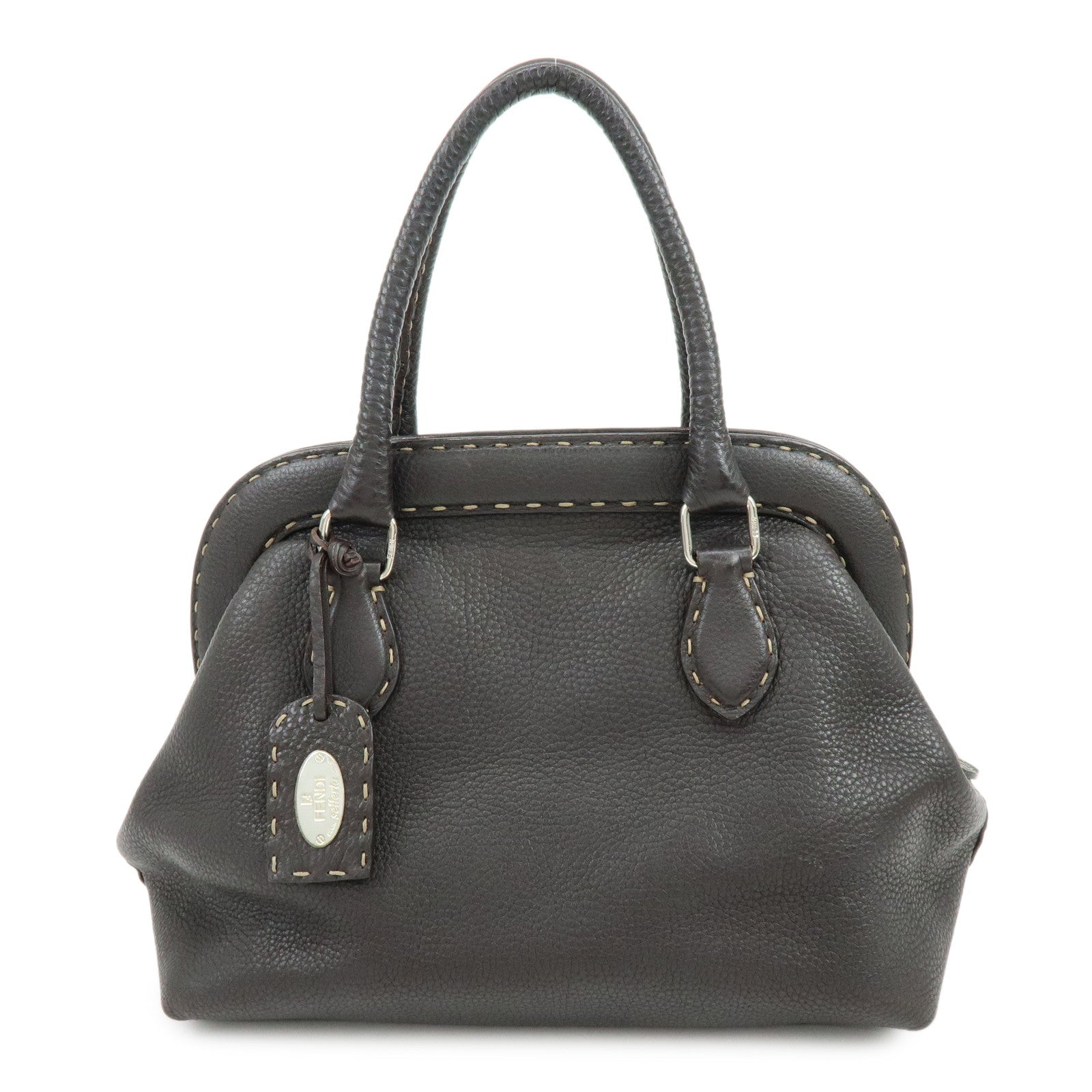 FENDI Selleria Stitches Leather Boston Bag Hand Bag Dark Brown 8BN127