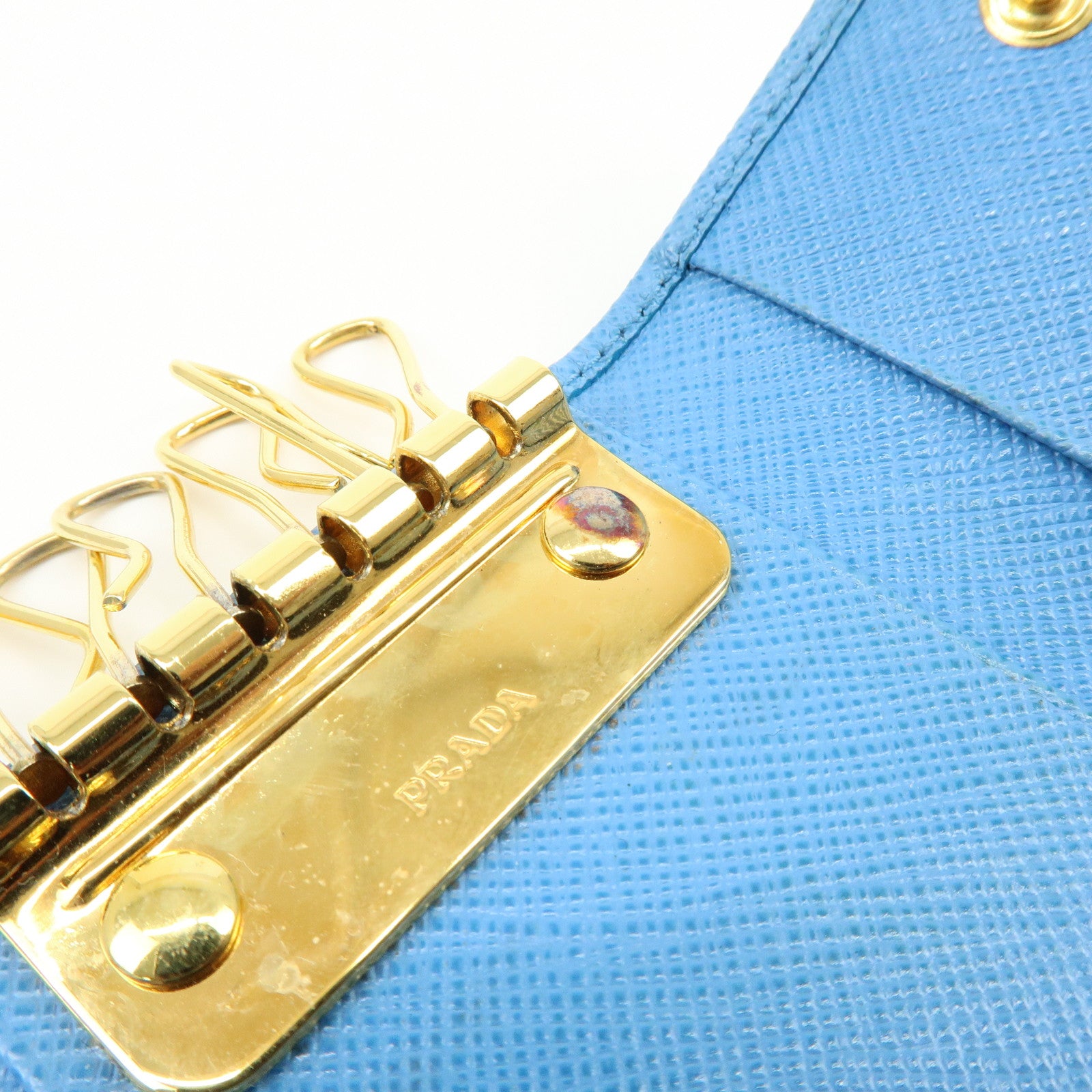 PRADA Triangle Log Saffiano Leather Key Case Key Holder Blue