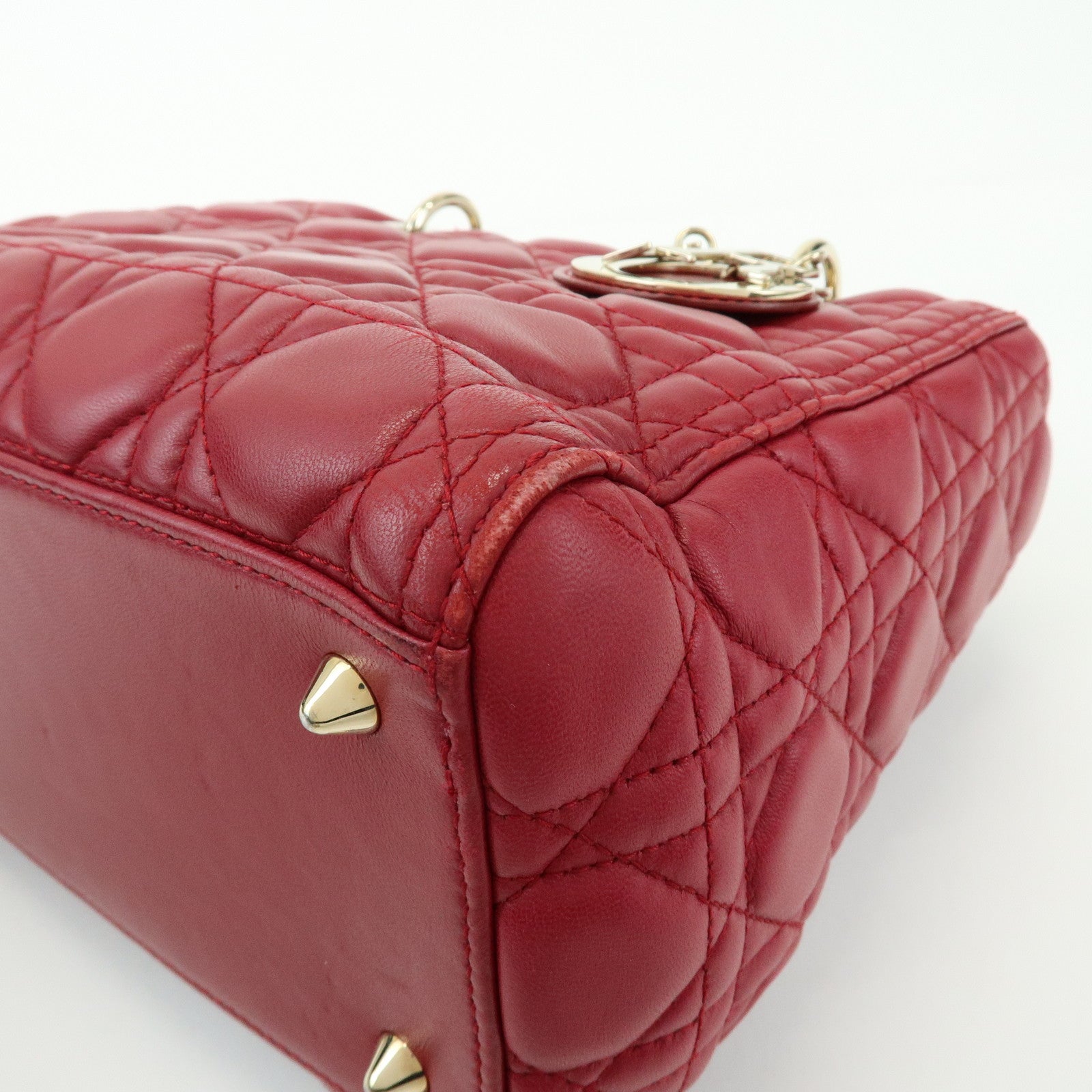 Christian Dior Lady Dior Cannage Lamb Skin Hand Bag Red
