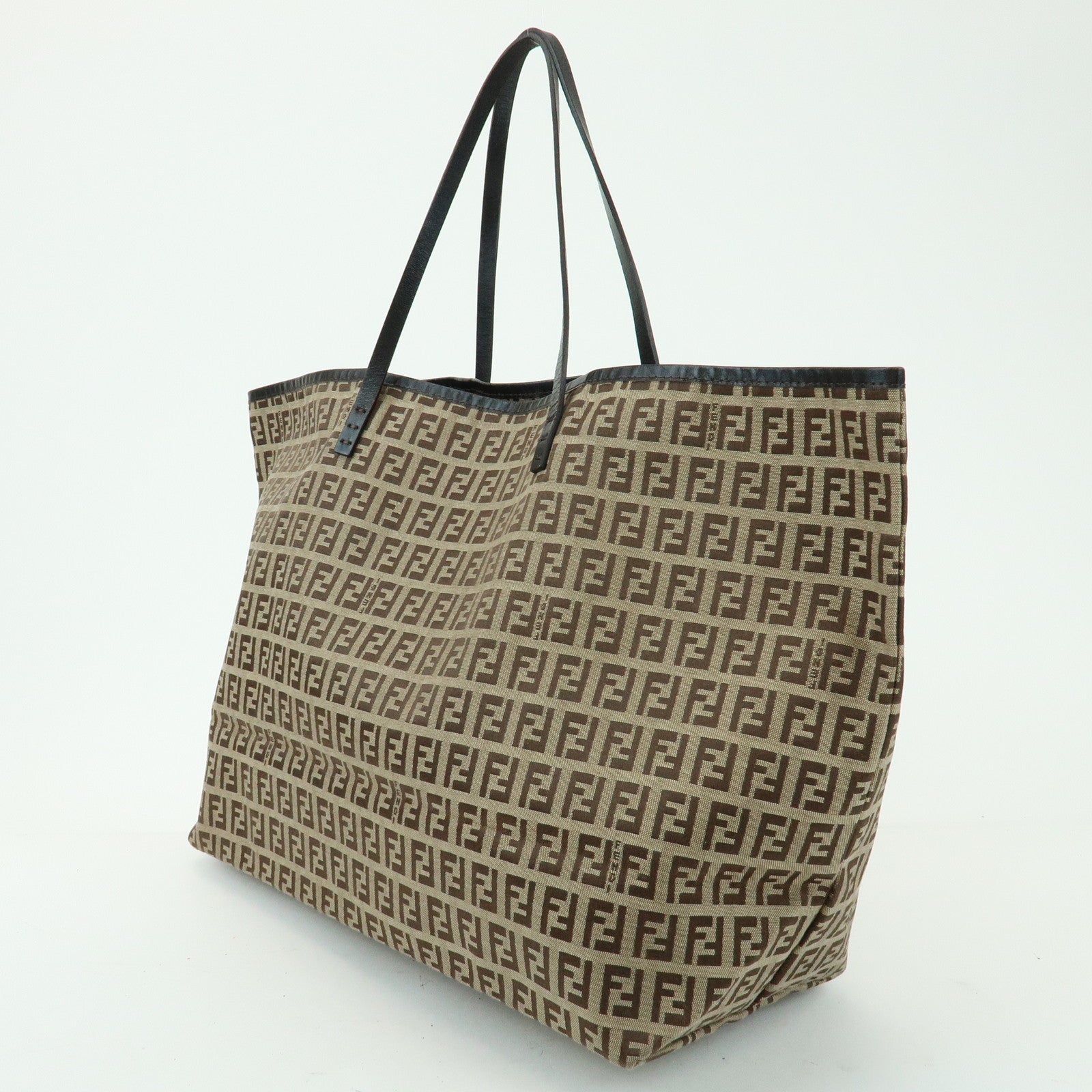 FENDI Zucchino Canvas Leather Tote Bag Shoulder Bag Brown
