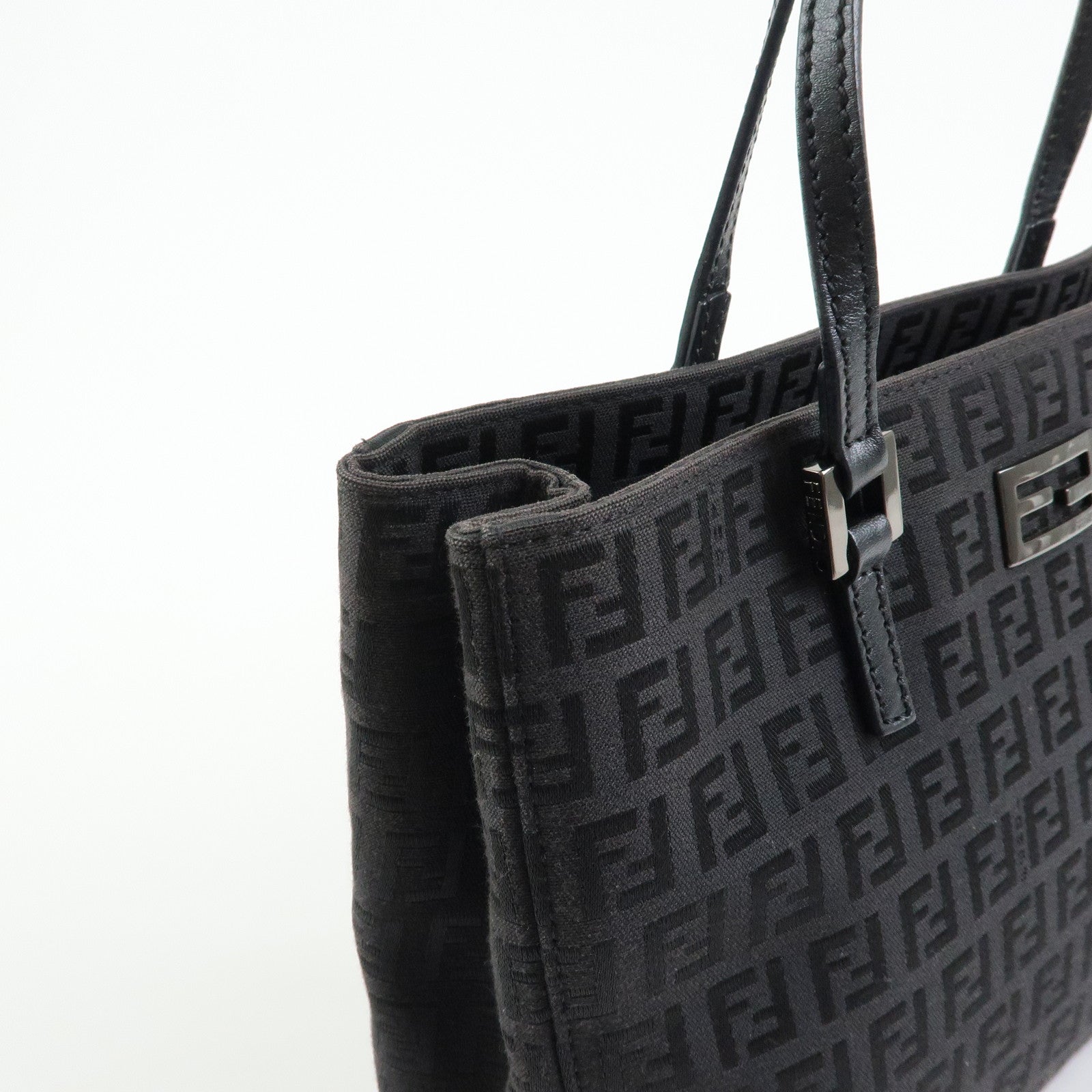 FENDI Zucchino Canvas Leather Hand Bag Tote Bag Black 8BH132