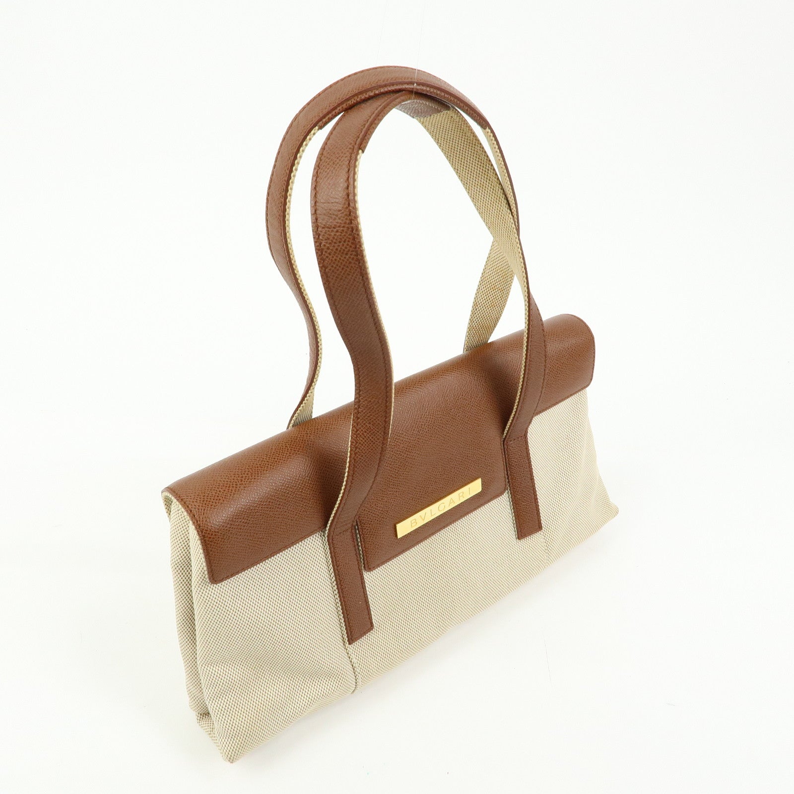 BVLGARI Canvas Leather Flap Shoulder Hand Bag Beige Brown