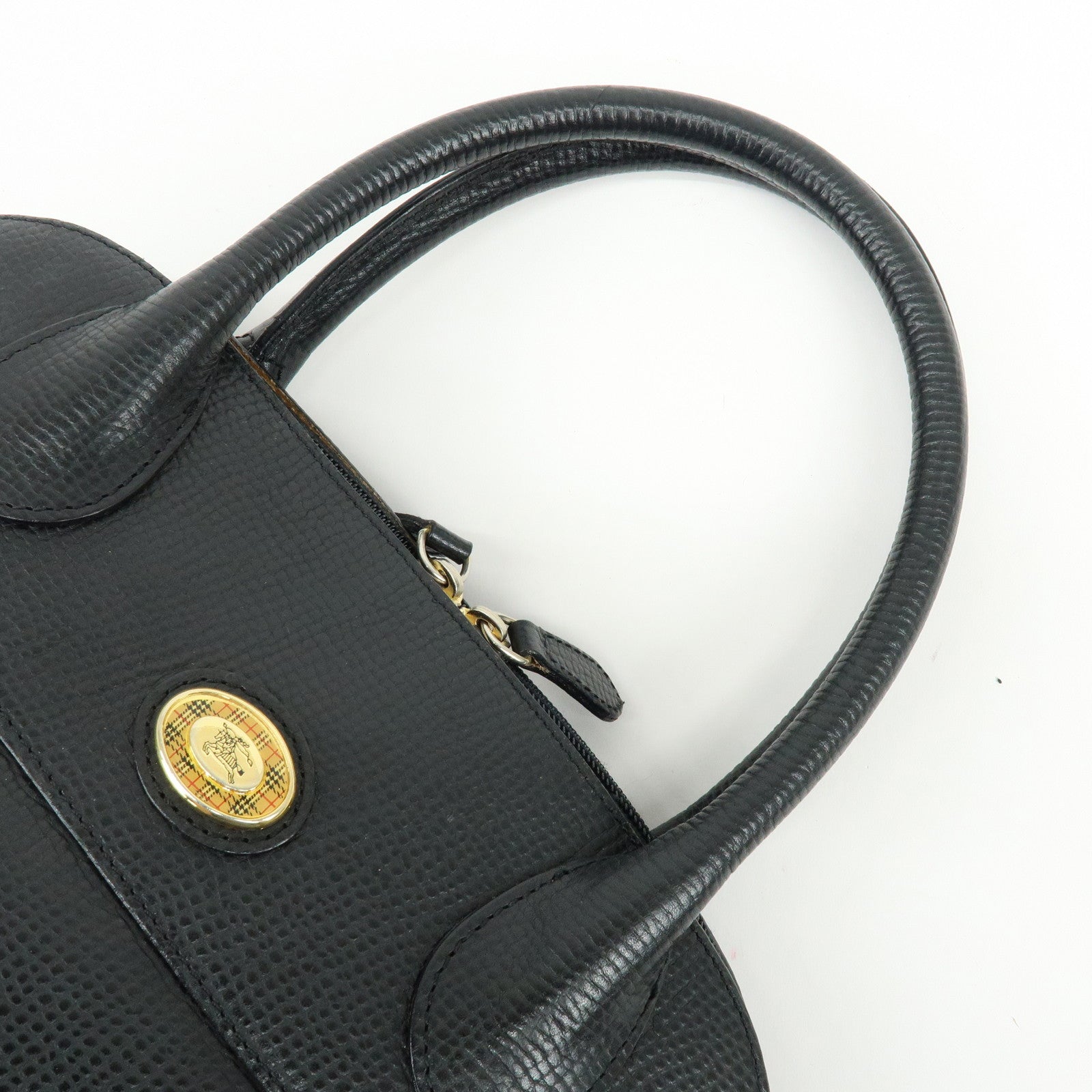 BURBERRY Embossed Leather Hand Bag Boston Bag Black