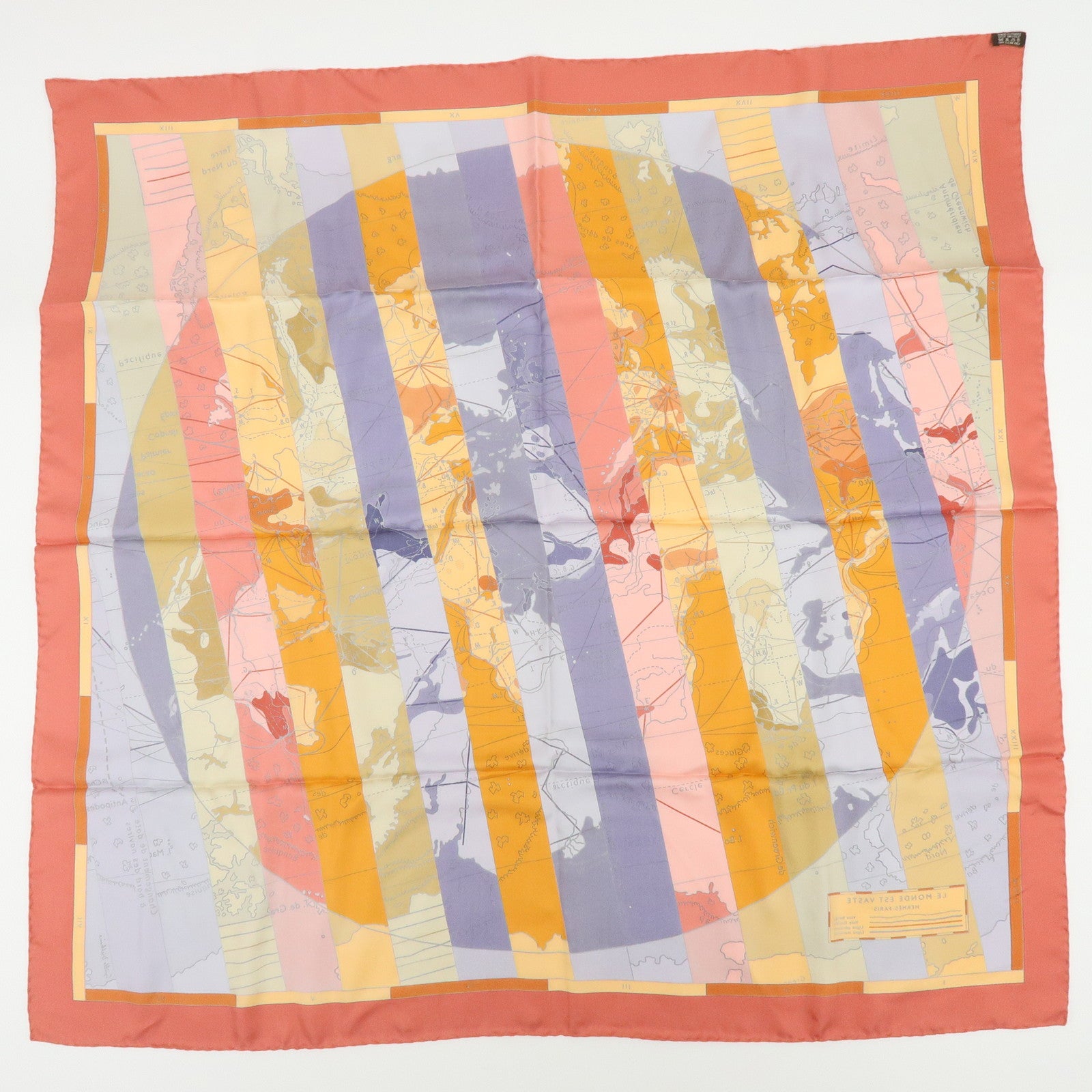 HERMES Carre 90 Silk 100% Scarf  LE MONDE EST VASTE Coral Orange