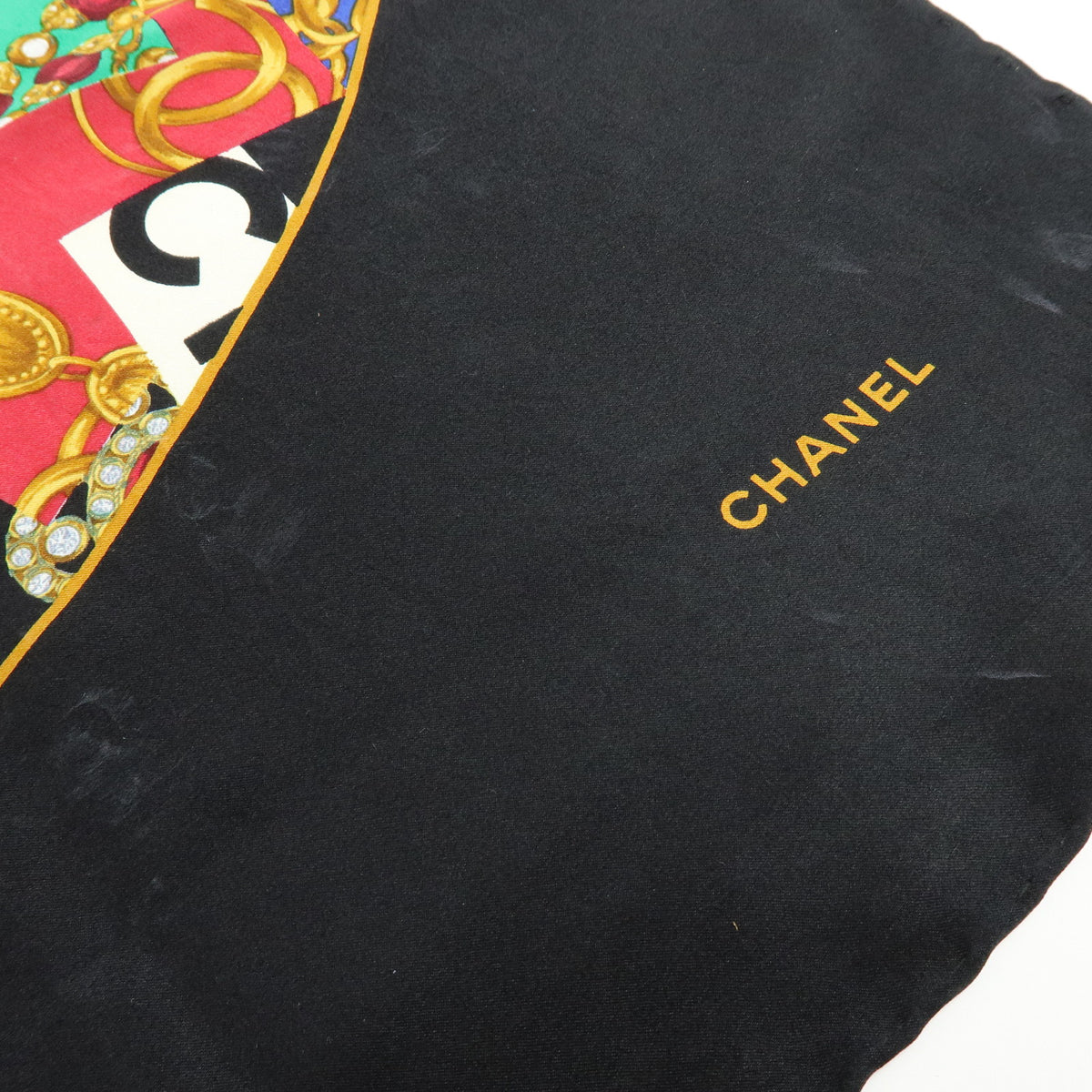 CHANEL Lot of 2 Silk 100% Scarf Flower Jewelry Motif Black Gold