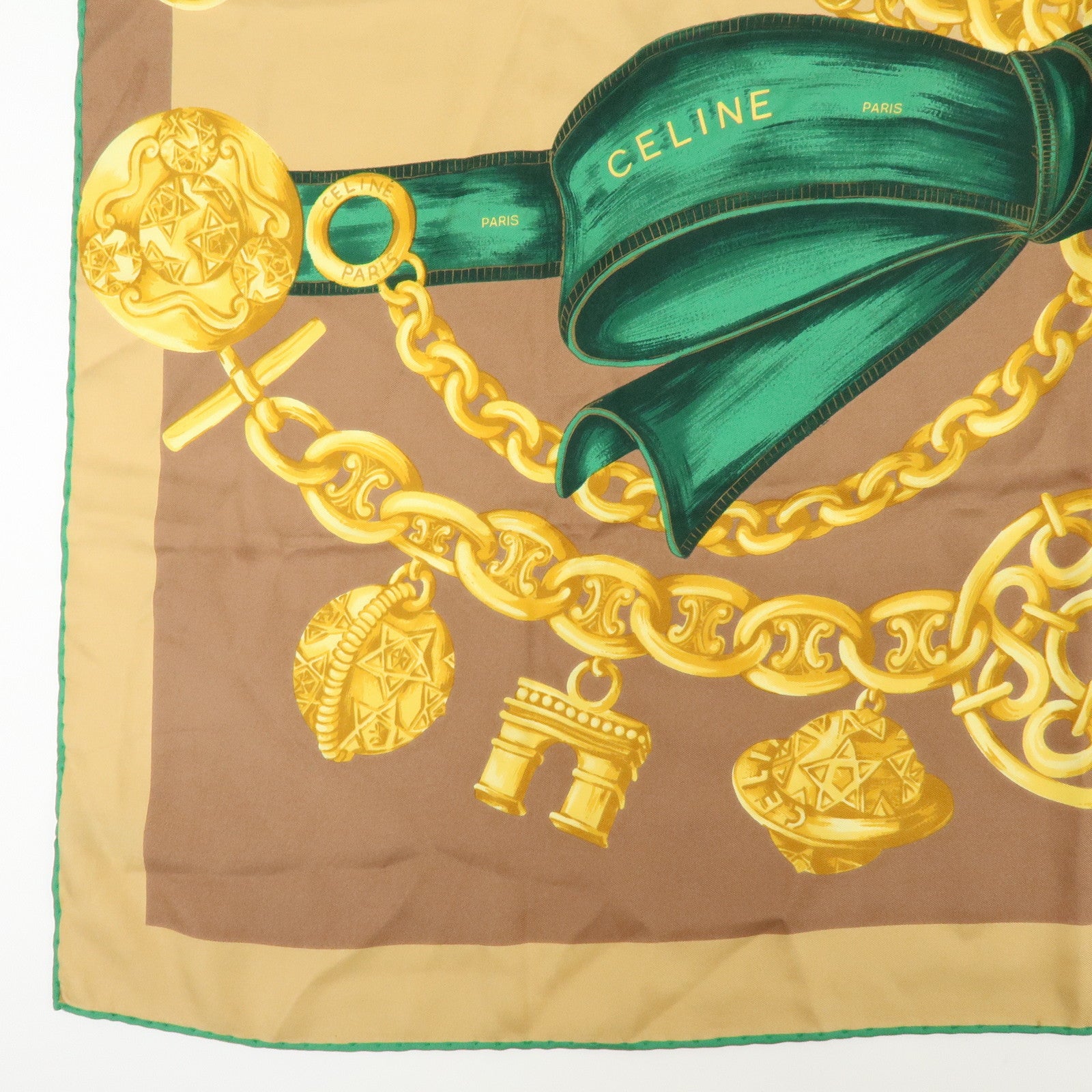 CELINE Silk 100% Scarf Ribbon Chain Brown Green Beige