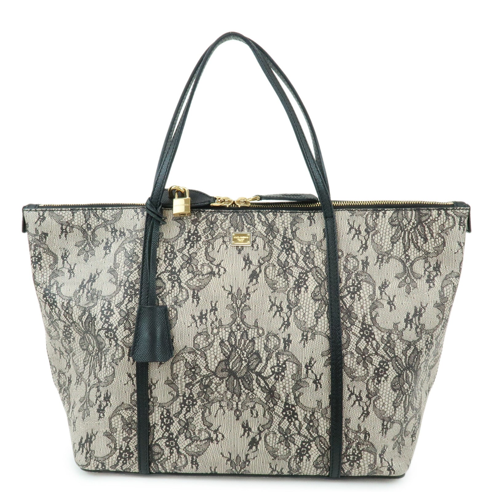 Dolce & Gabbana PVC Leather Tote Bag Shoulder Bag Lace Print Ivory