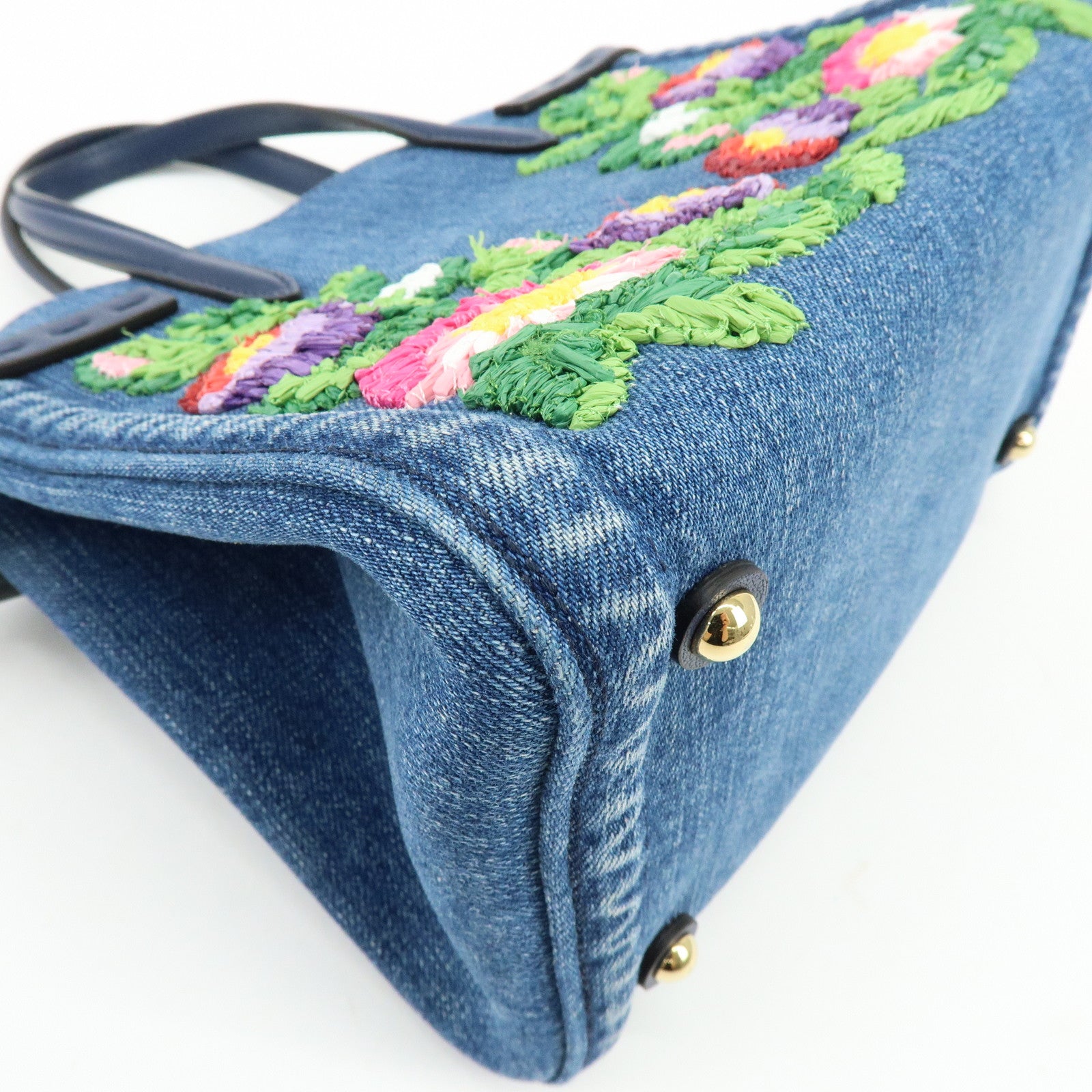 VALENTINO Denim Leather 2Way Hand Shoulder Bag Flower Embroidered