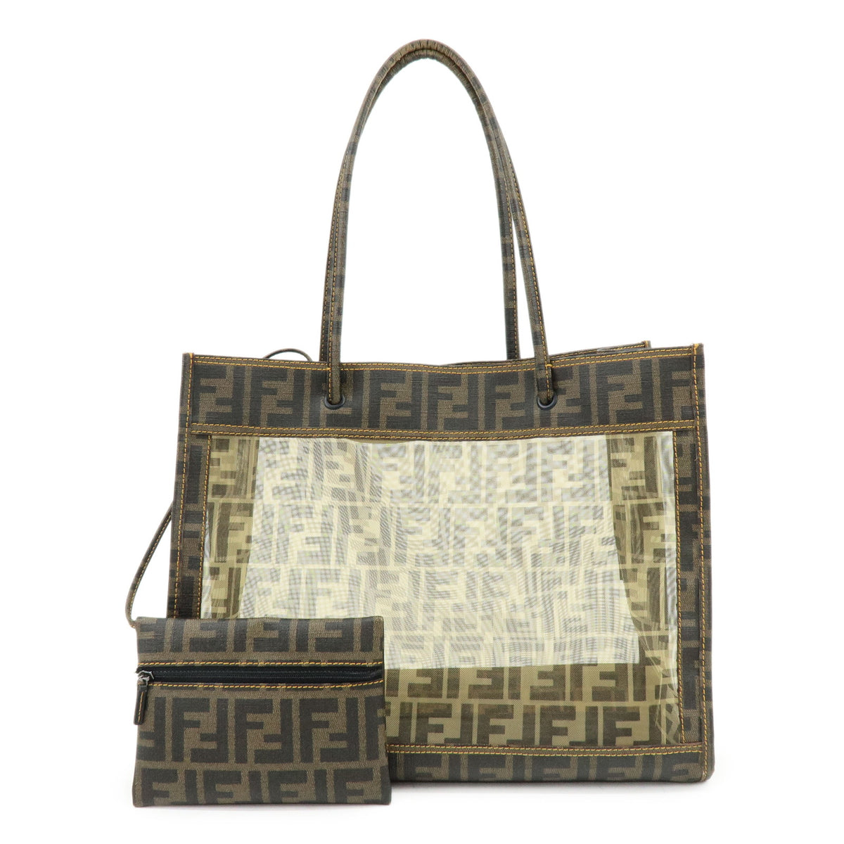 FENDI Zucca PVC Mesh Leather Tote Bag Shoulder Bag Brown Black 8BH183