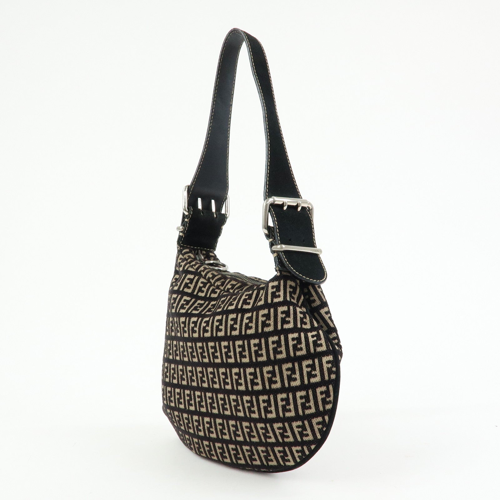 FENDI Zucchino Canvas Leather Shoulder Bag Hand Bag Black Beige
