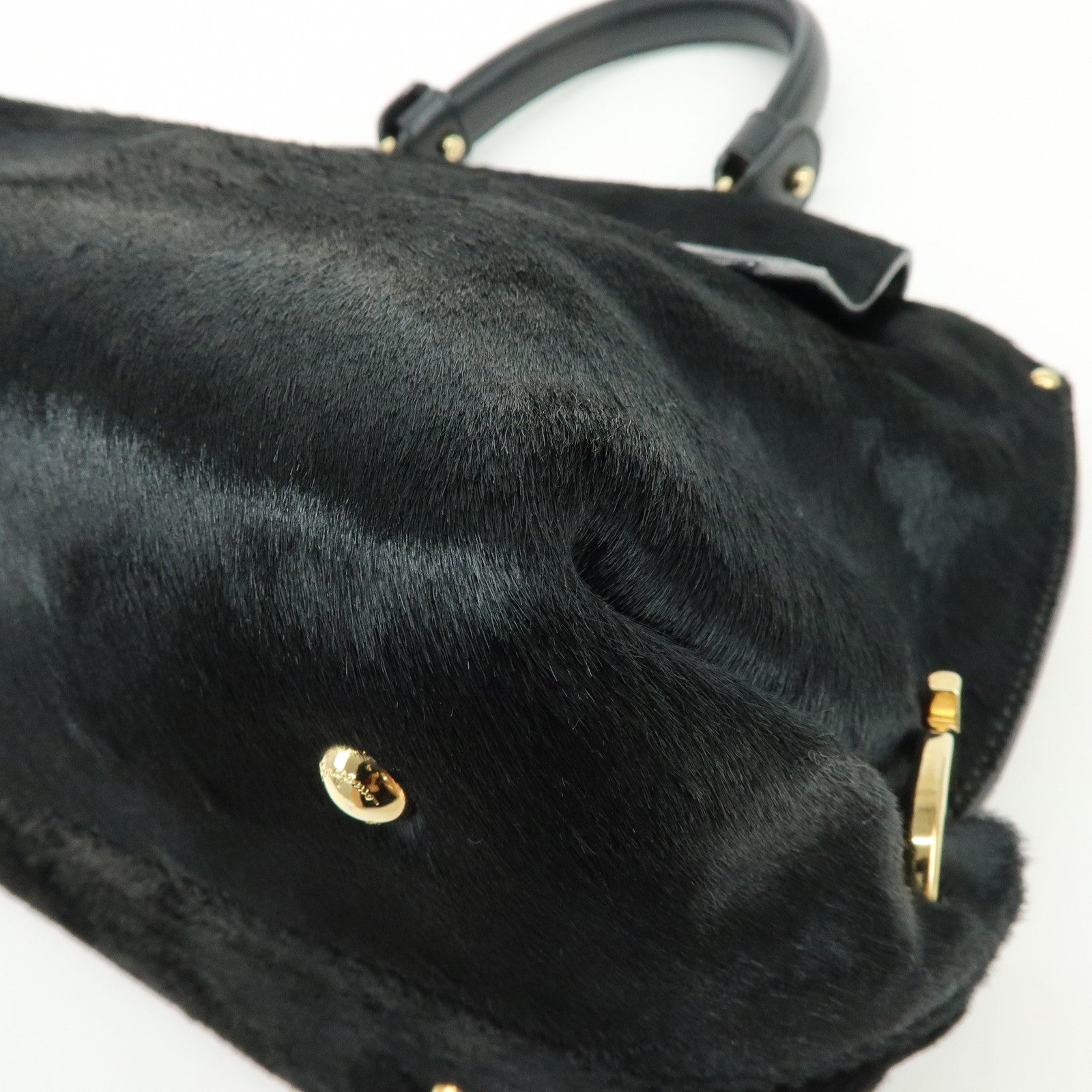 Ferragamo Gancini Unborn Calf Leather 2Way Bag Top Handle Bag Black