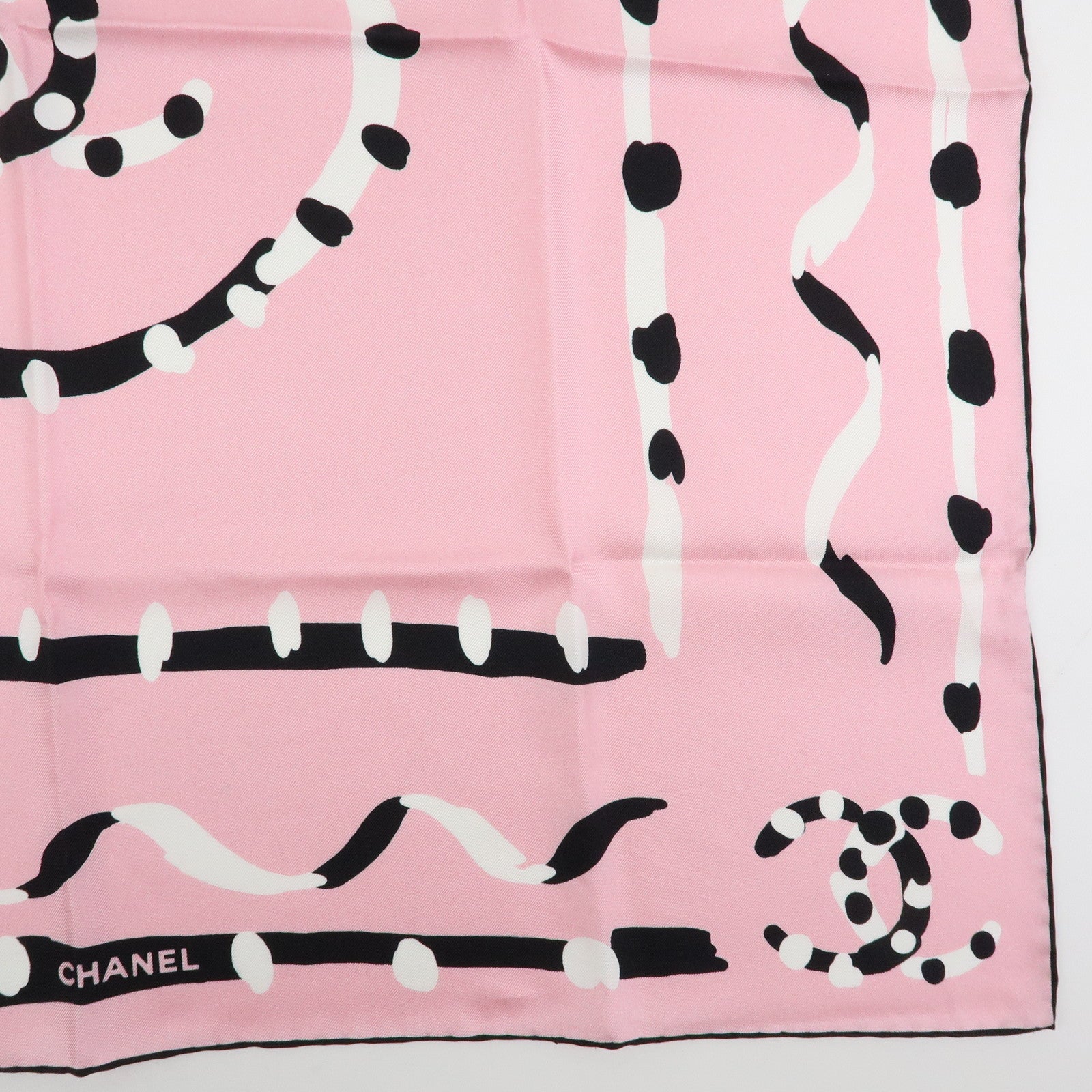 CHANEL COCO Mark Silk 100% Scarf Pink Black White