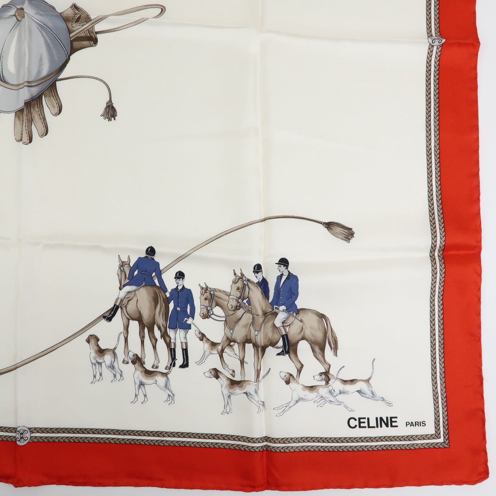 CELINE Silk 100% Scarf Hunting Hounds Horseback Riders Red White
