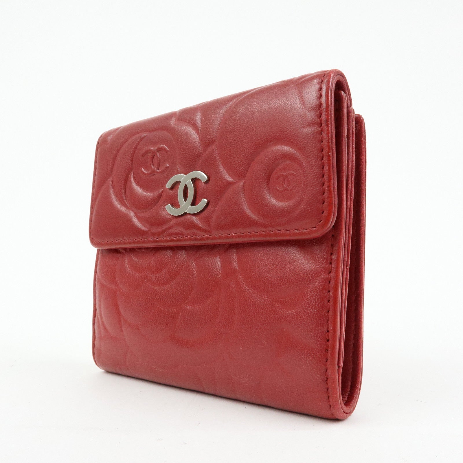 CHANEL Camellia COCO Mark Lamb Skin Bi-fold Compact Wallet Red A47422