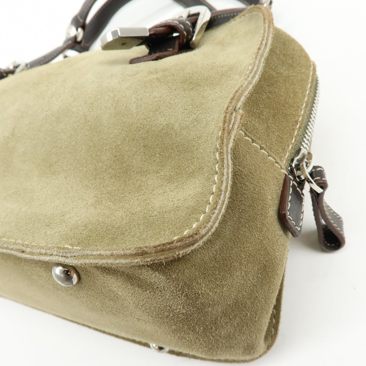 LOEWE Anagram Suede Leather Hand Bag Tote Bag Studs Khaki Brown