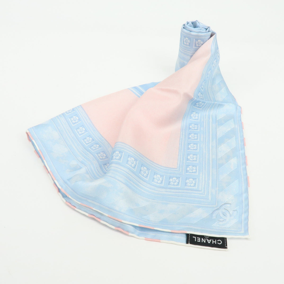 CHANEL COCO Mark Silk 100% Scarf Pink Sky Blue White