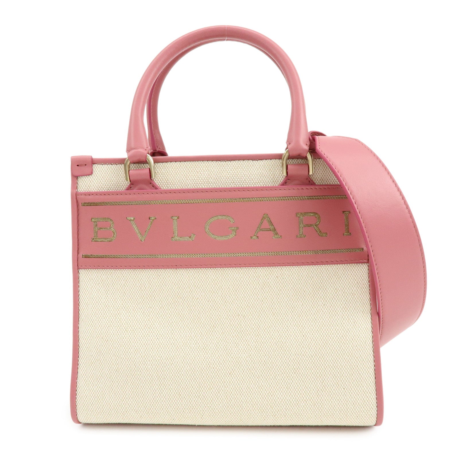 BVLGARI Logo Canvas Leather 2Way Bag Hand Bag Shoulder Bag Pink