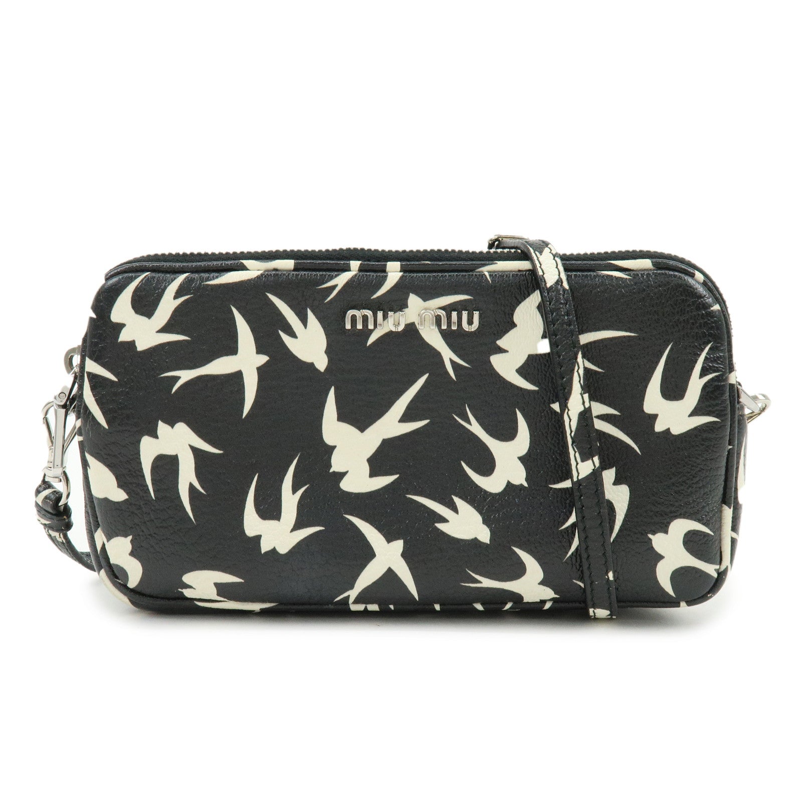 MIU MIU Swallow Madras Leather Shoulder Bag Black White 5ZH011