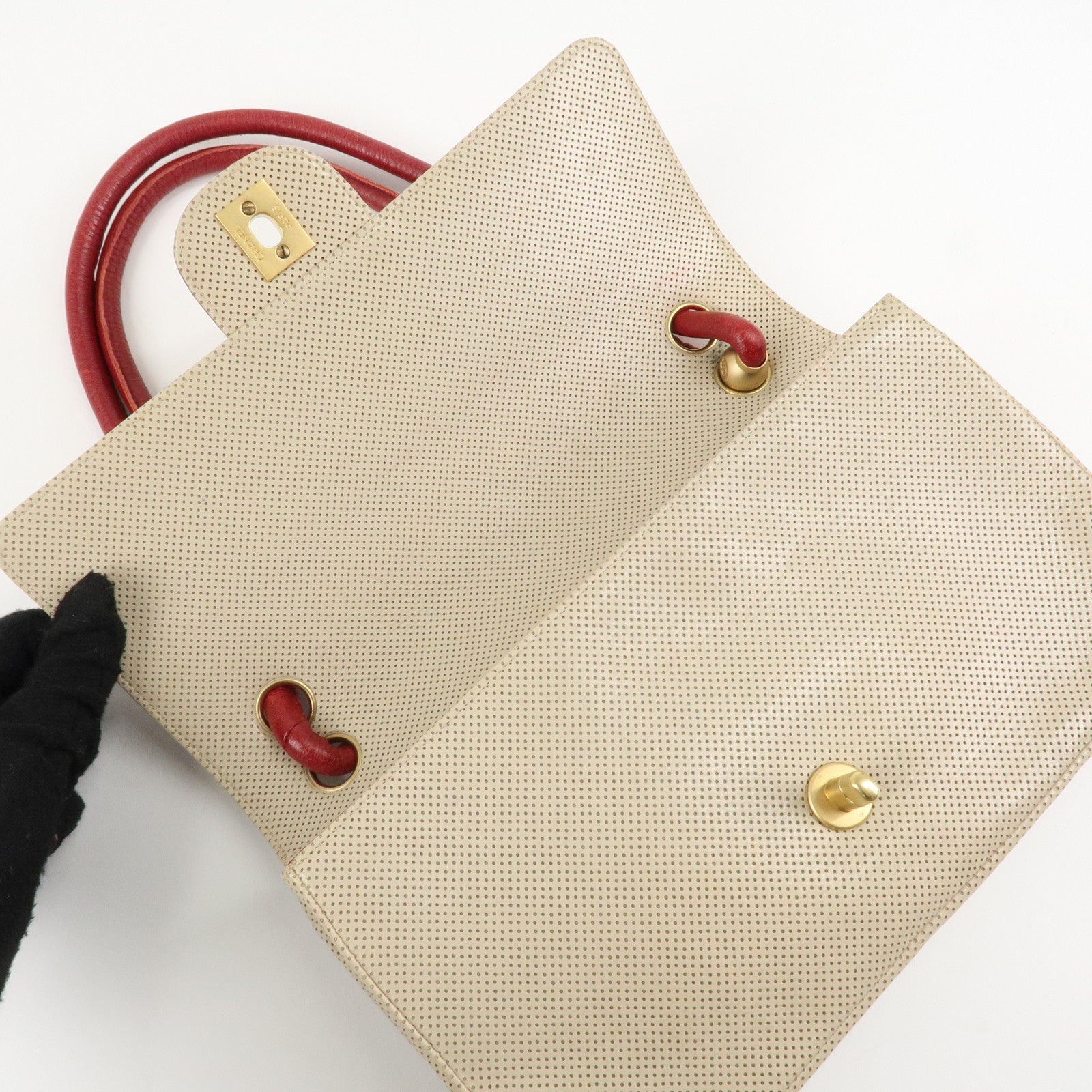 CHANEL COCO Mark Punching Leather Shoulder Bag Hand Bag Beige Red Used