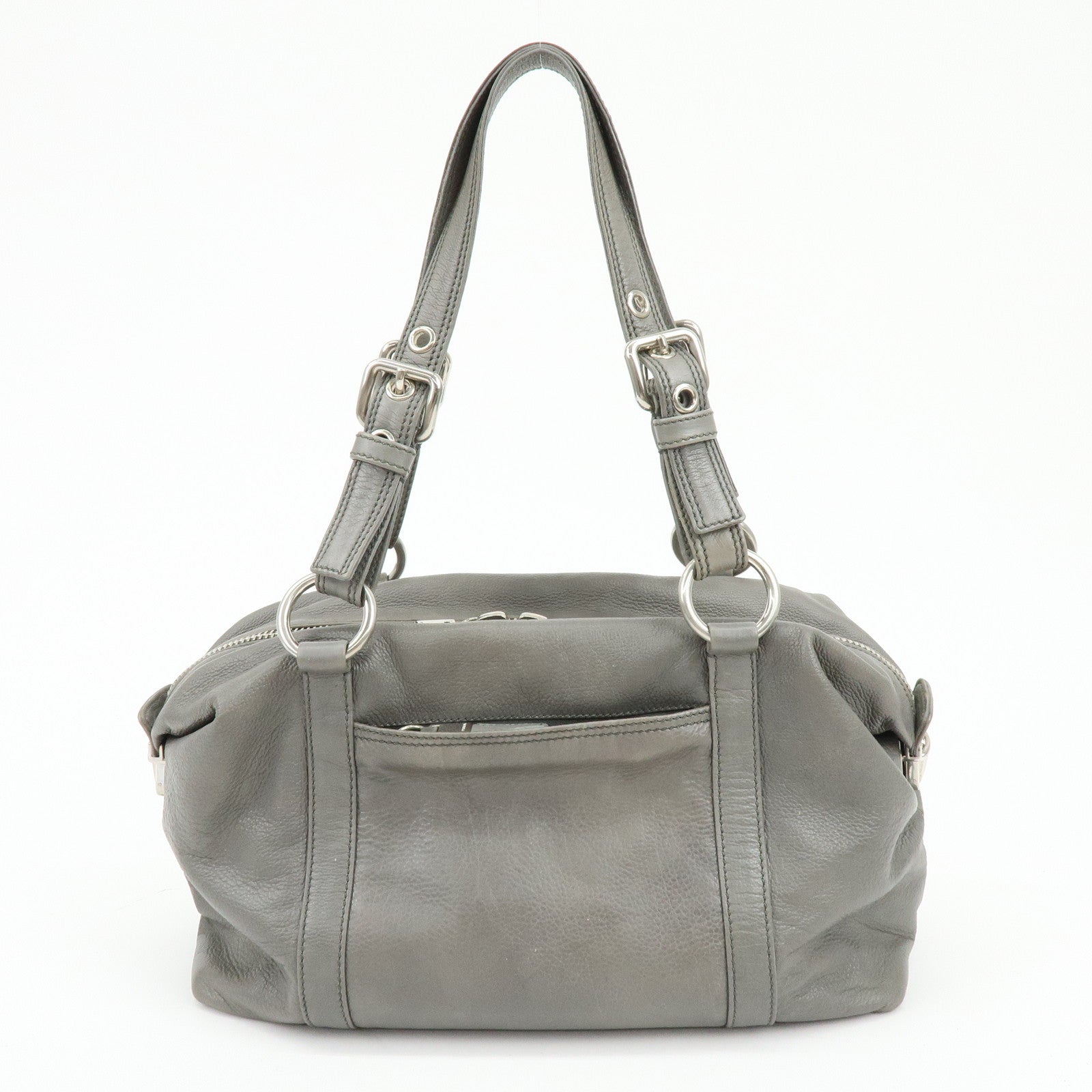 PRADA Triangle Logo Leather Boston Bag Shoulder Bag Gray BR2630