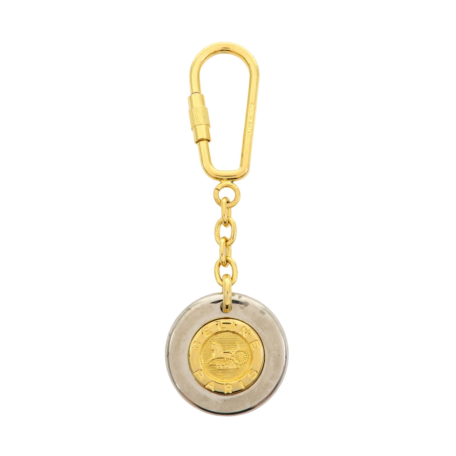 CELINE Horse Carriage Motif Metal Bag Charm Key Holder Gold Silver