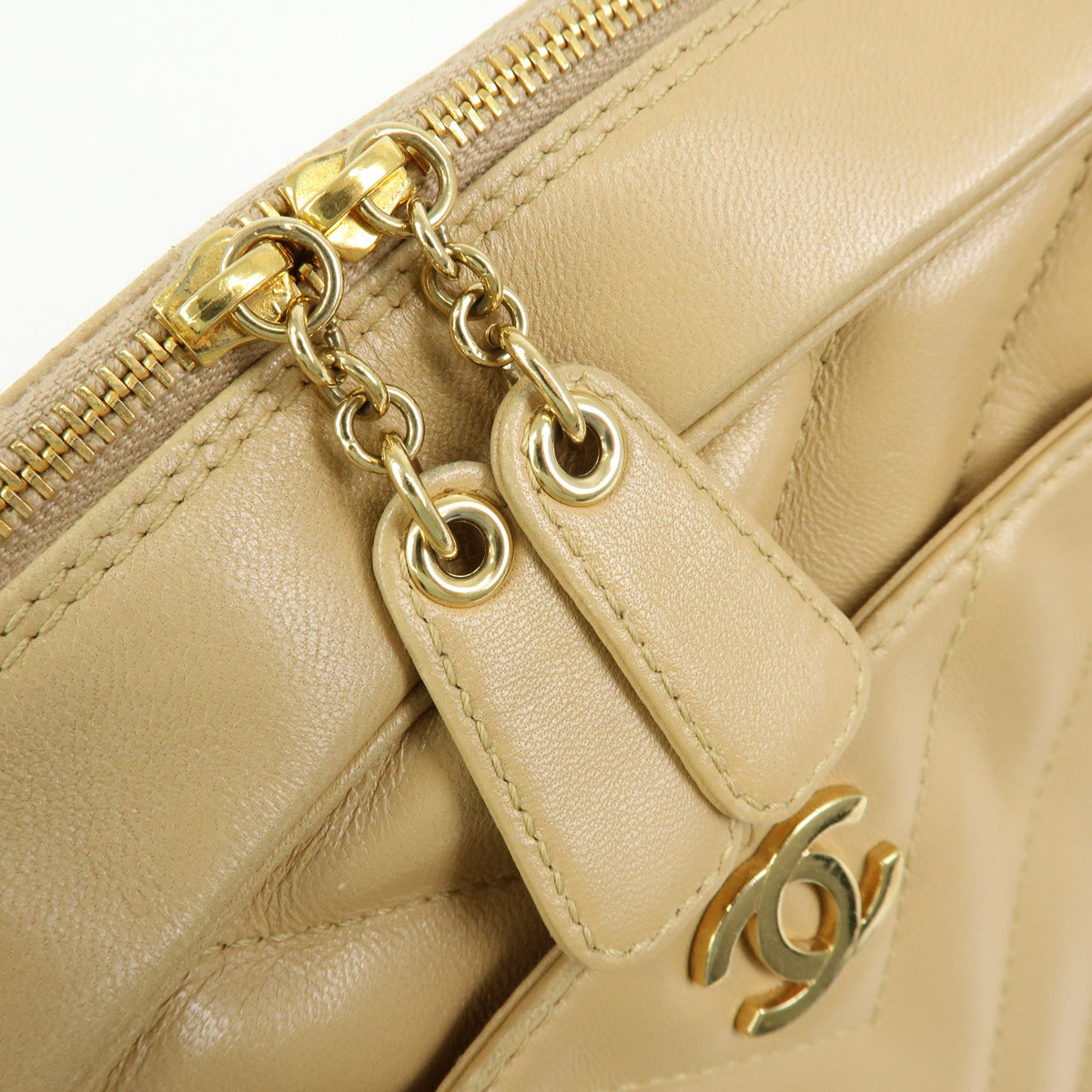 CHANEL Chevron COCO Mark Lamb Skin Chain Shoulder Bag Beige