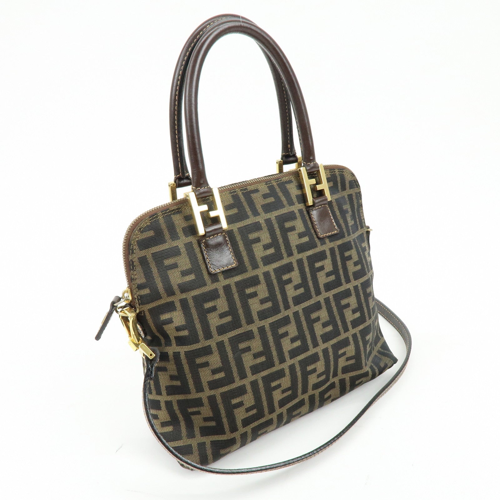FENDI Zucca Canvas Leather 2Way Bag Hand Bag Shoulder Bag Brown Black