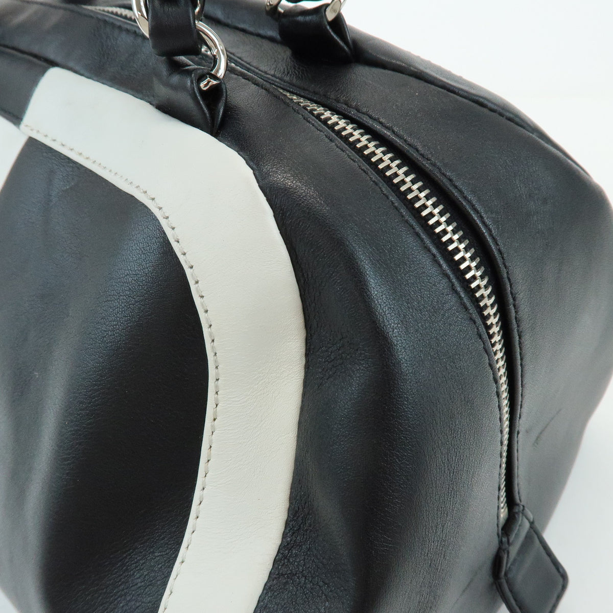 CHANEL COCO Mark Bicolor Lamb Skin Bowling Bag Hand Bag Black White