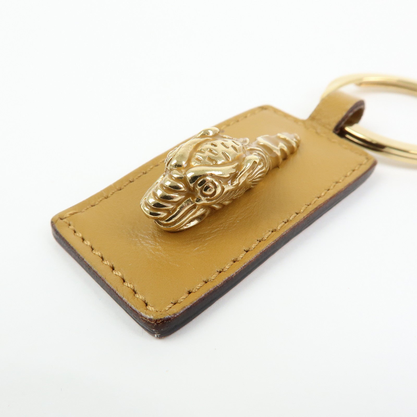 GUCCI Tiger Head Leather Metal Bag Charm Key Holder Brown Gold
