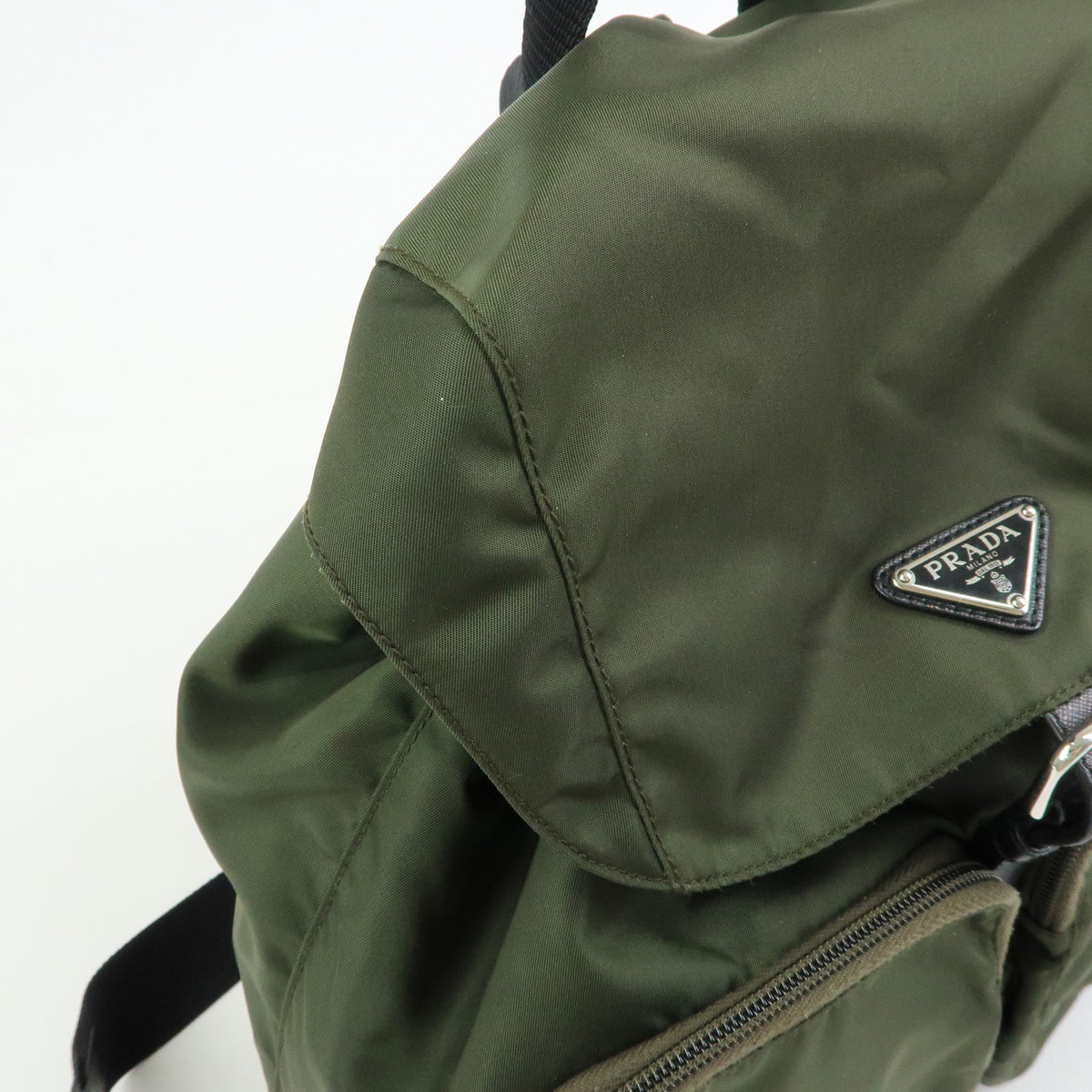 PRADA Triangle Logo Nylon Saffiano Leather Backpack Khaki 1BZ005