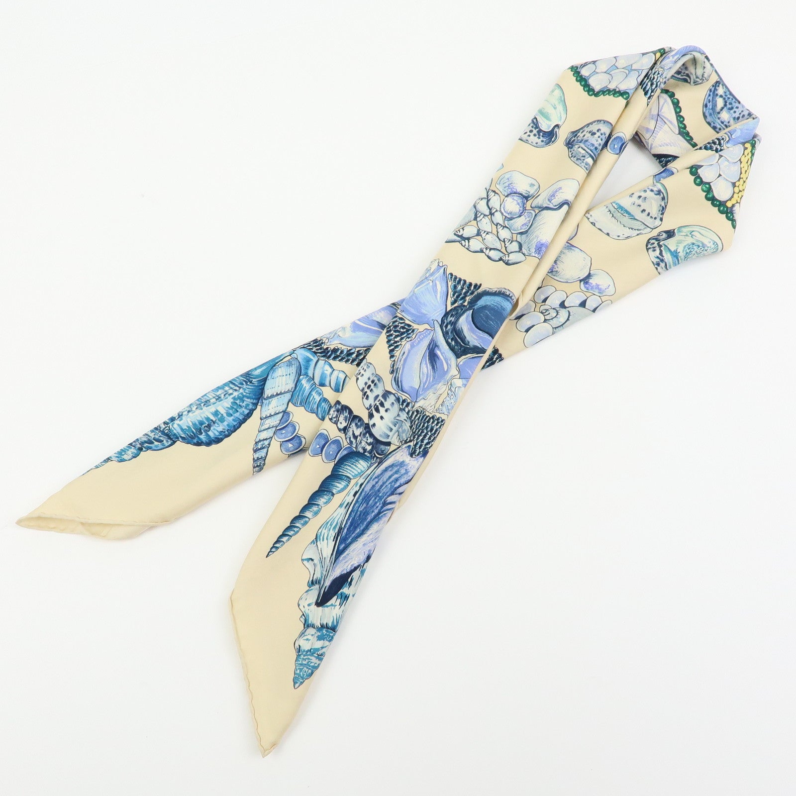 HERMES Carre 90 Silk 100% Scarf Rocaille Seashell Motif Beige Blue