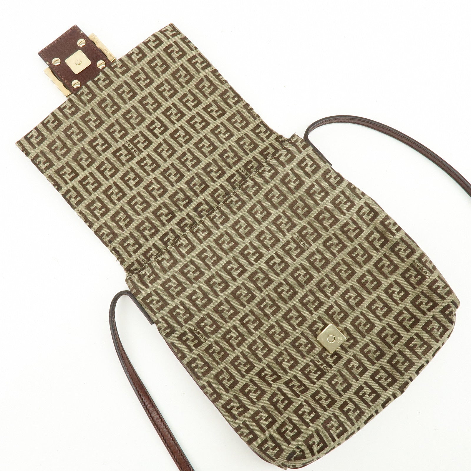 FENDI Zucchino Canvas Leather Shoulder Bag Beige Brown 8BT075