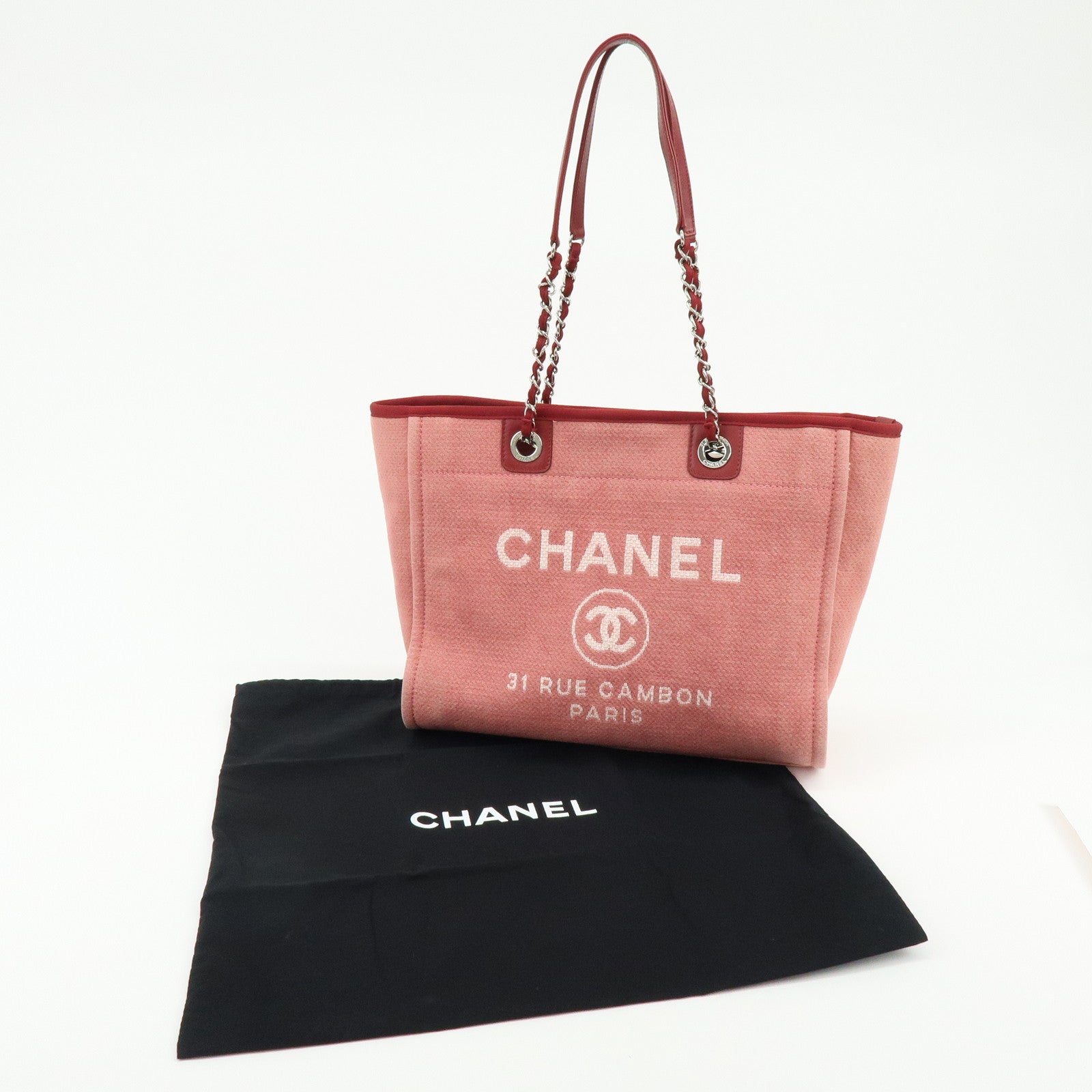 CHANEL Deauville MM Canvas Leather Chain Tote Bag Shoulder Bag A67001