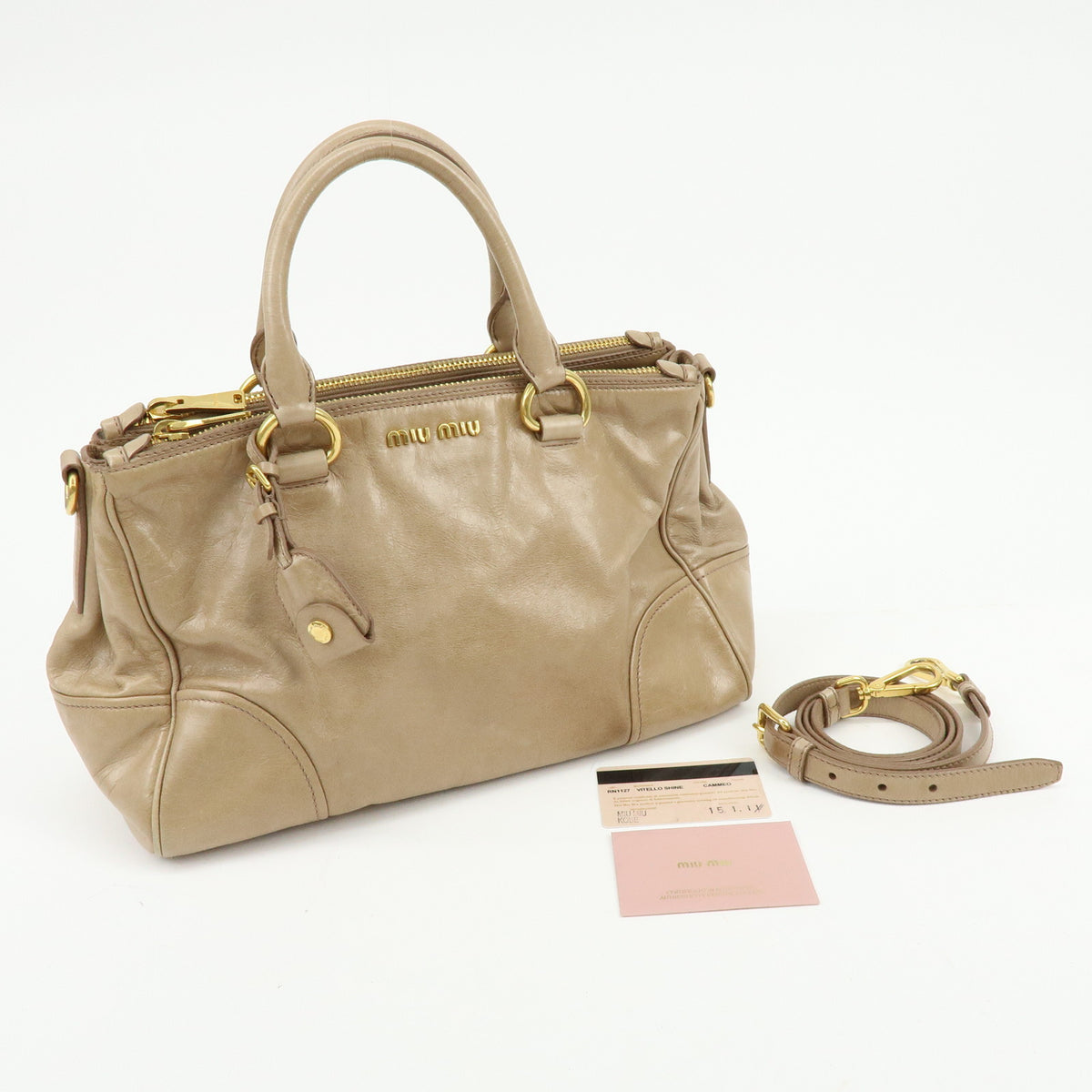 MIU MIU Leather 2Way Bag Hand Bag Shoulder Bag Key Ring Beige RN1127