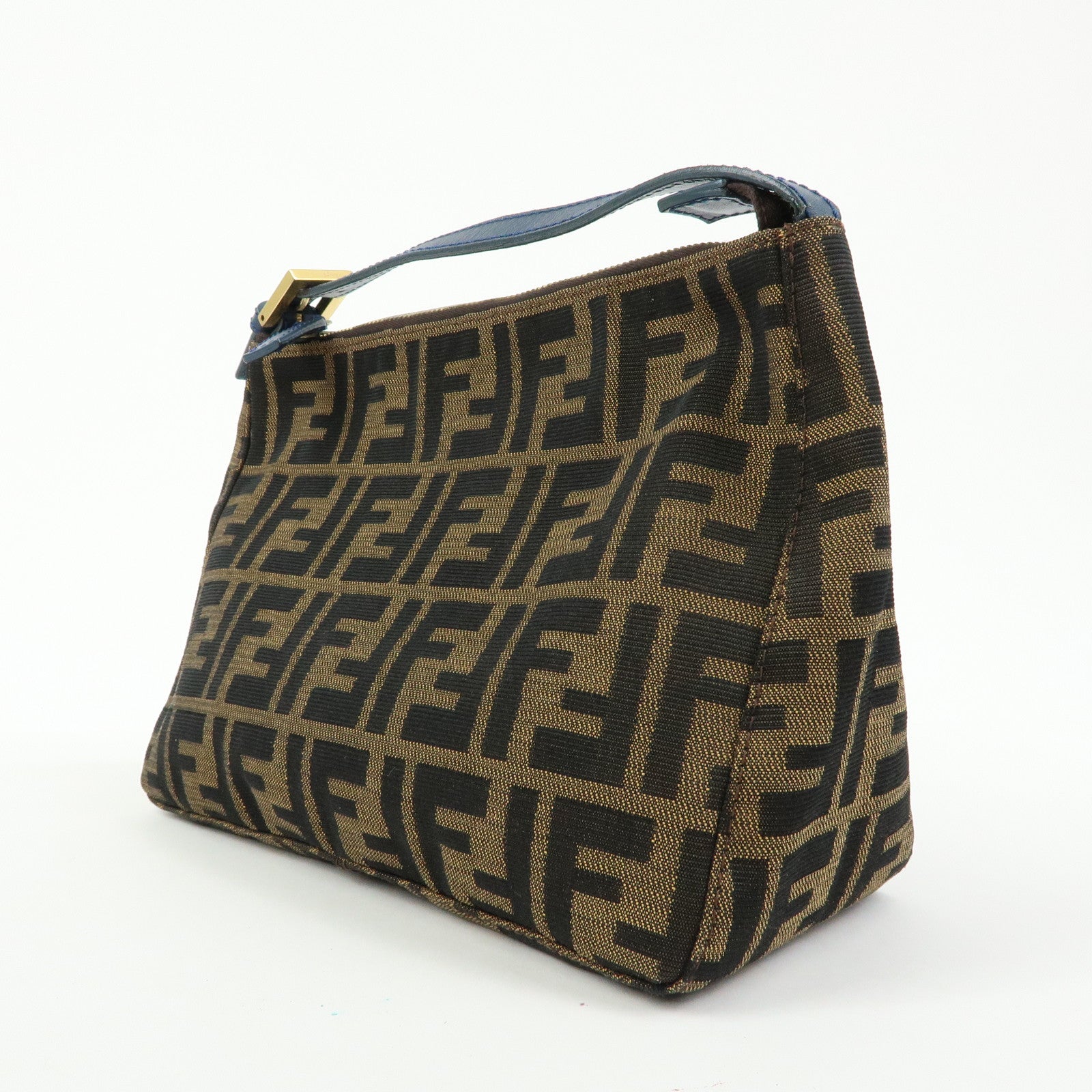 FENDI Zucca Canvas Leather Hand Bag Accessory Pouch Brown Blue 8N0005