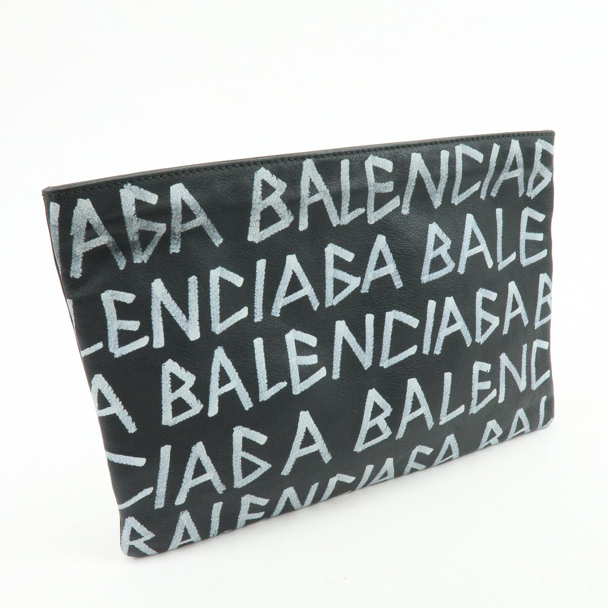 BALENCIAGA Graffiti Leather Clutch Bag Flat Pouch Black White