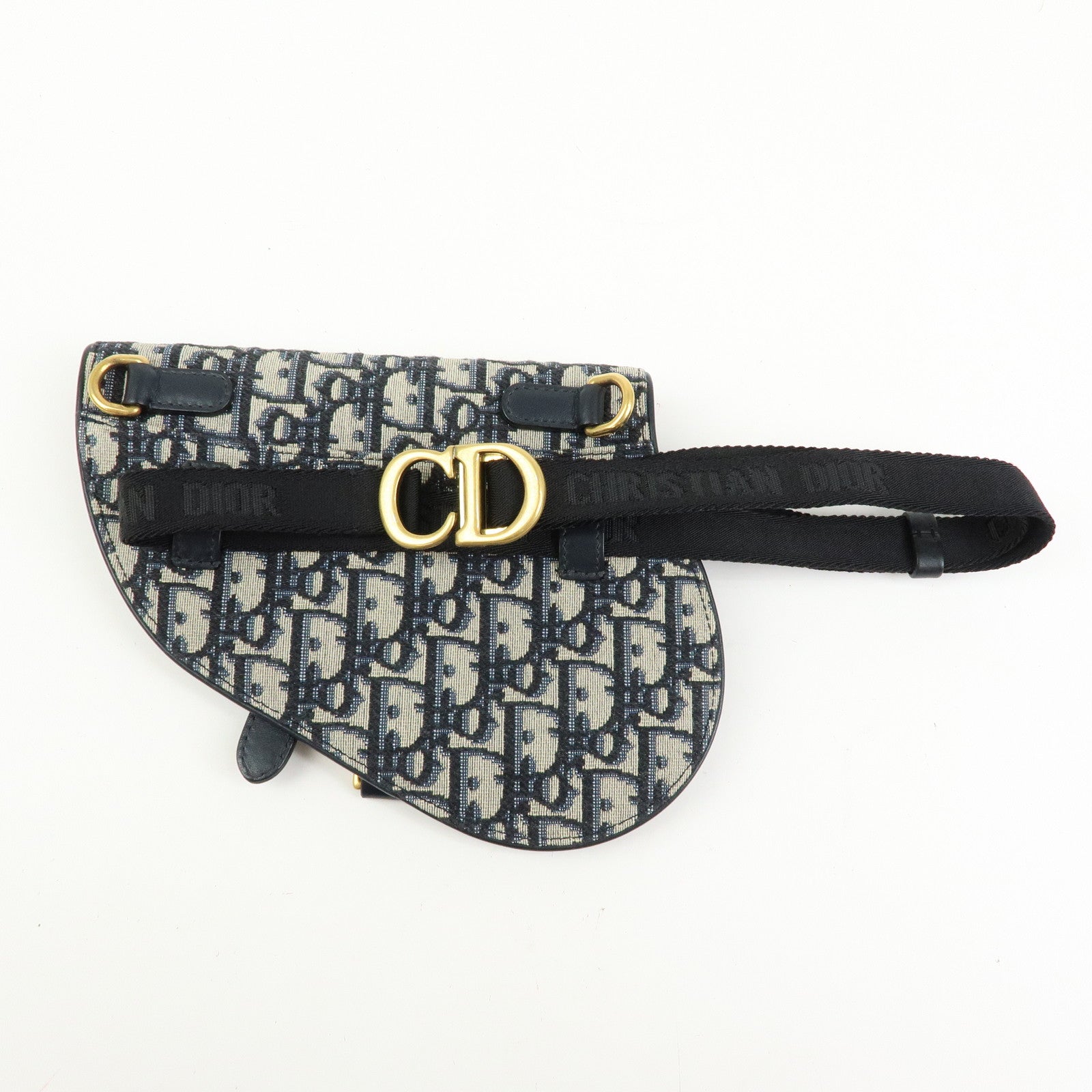 Christian Dior Oblique Jacquard Leather Saddle Bag Waist Body Bag Navy