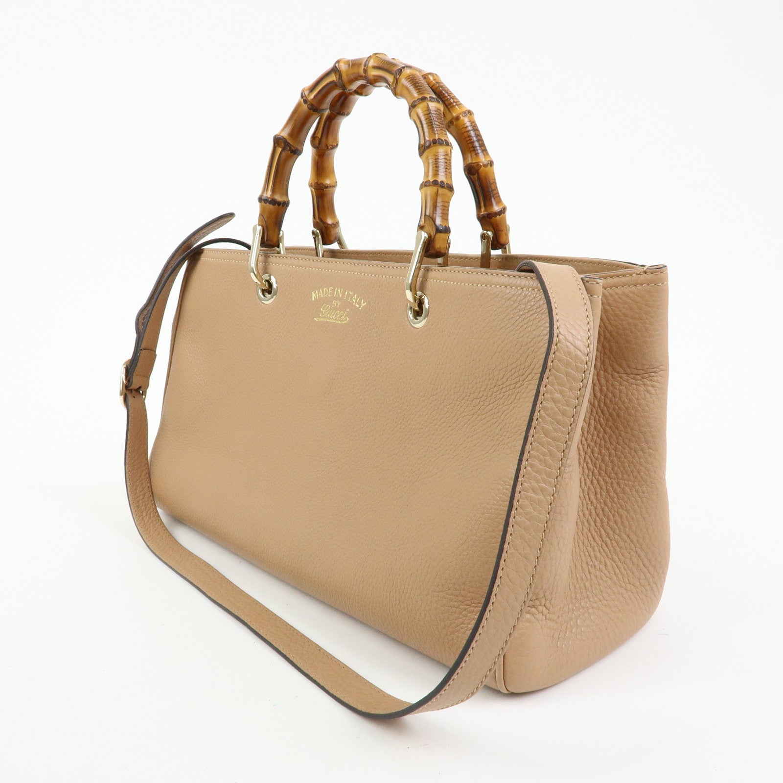 GUCCI Bamboo Shopper Medium Leather 2WAY Tote Bag Pink Beige 323660
