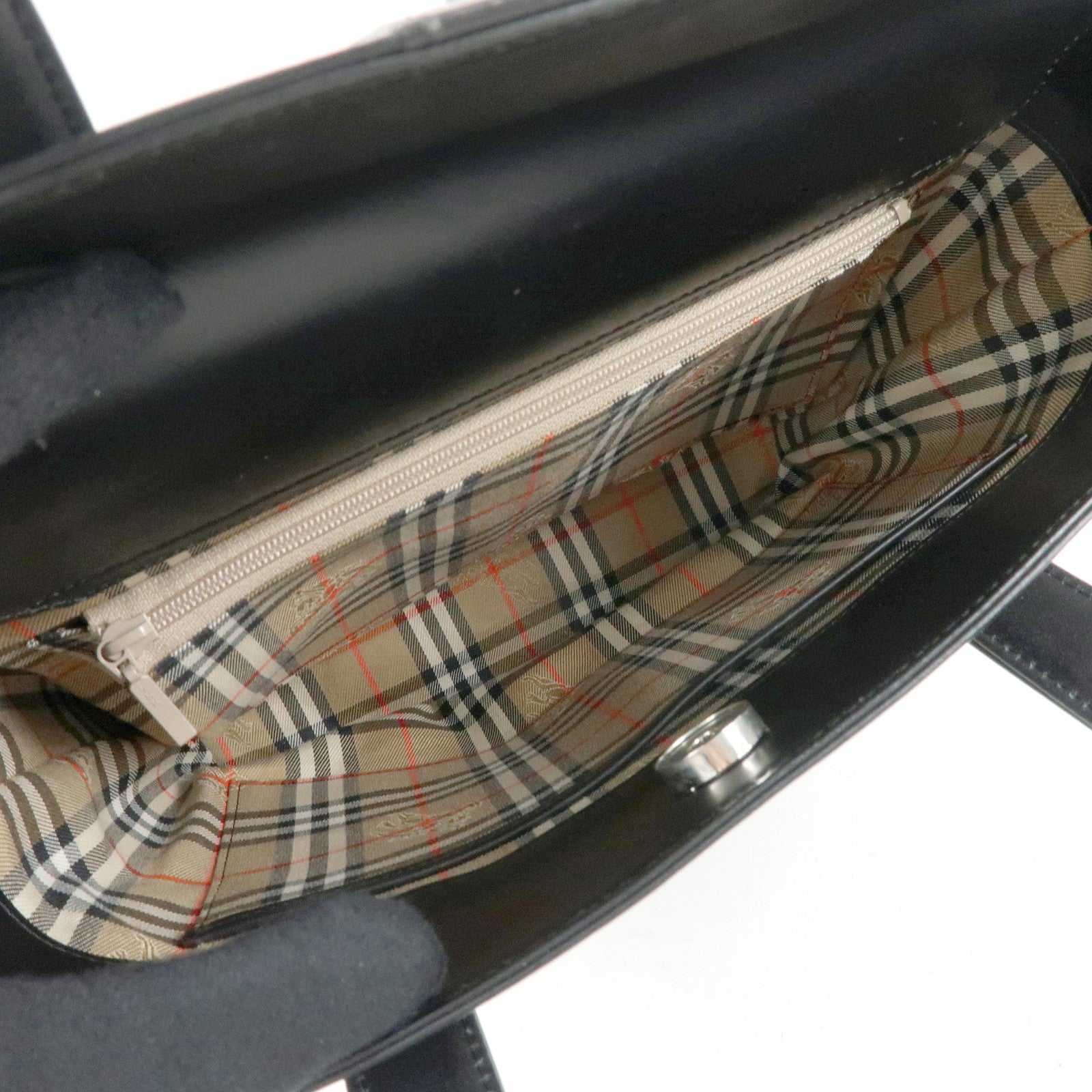 BURBERRY Nova Plaid Leather Canvas Tote Bag Hand Bag Black
